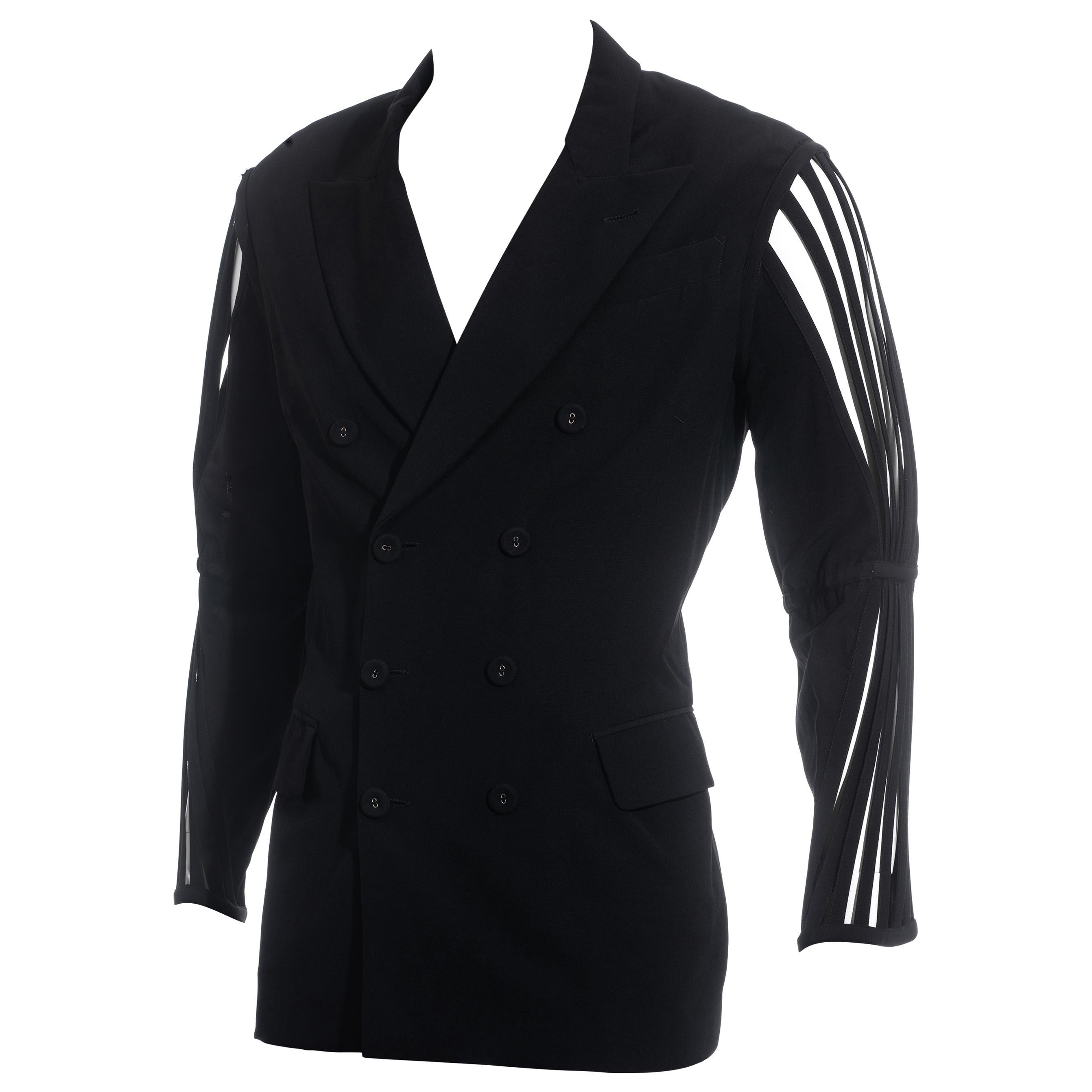 Men's Jean Paul Gaultier black wool blazer jacket with caged sleeves, ss 1989 For Sale