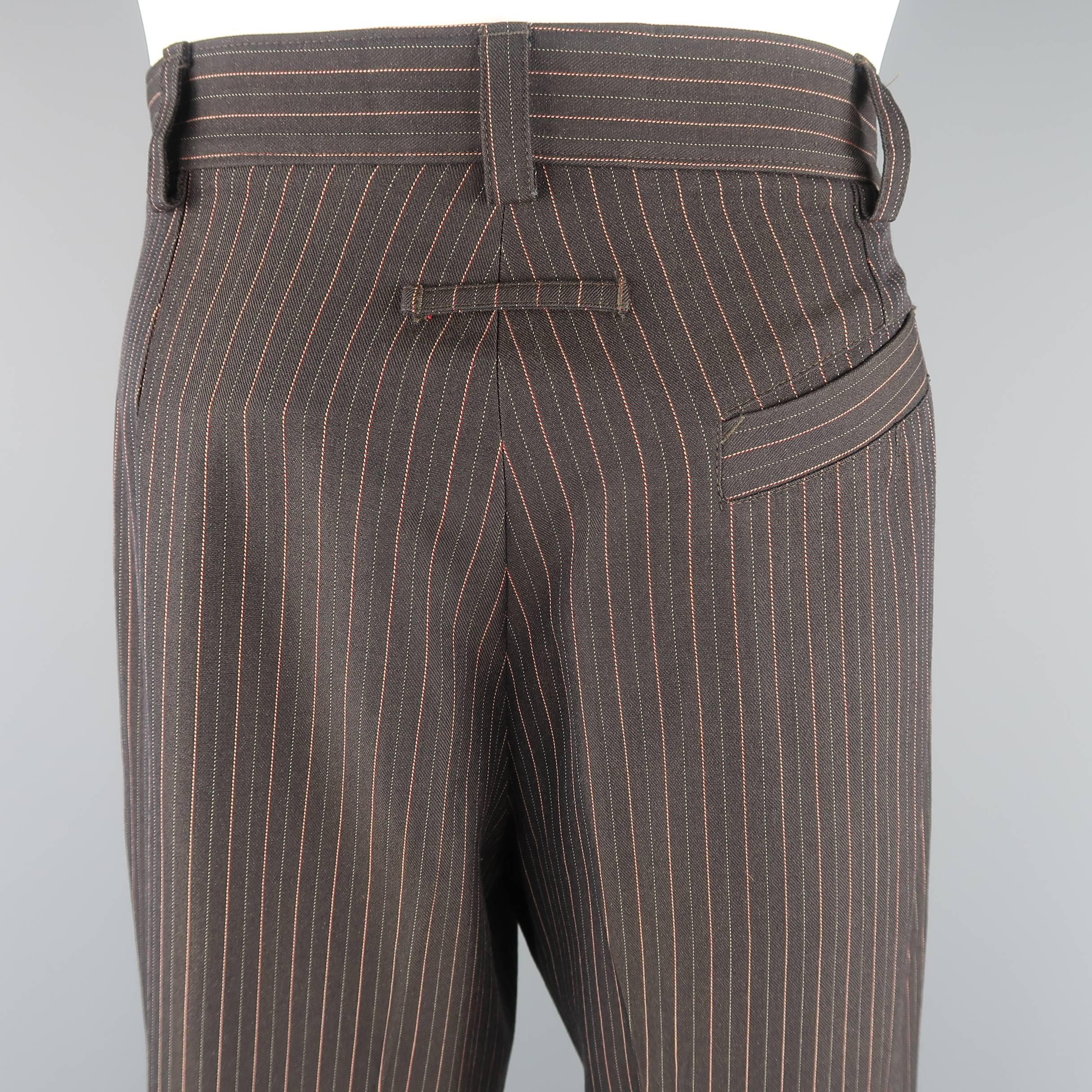 Jean Paul Gaultier Men's Brown Striped Wool High Rise Pants In Excellent Condition In San Francisco, CA