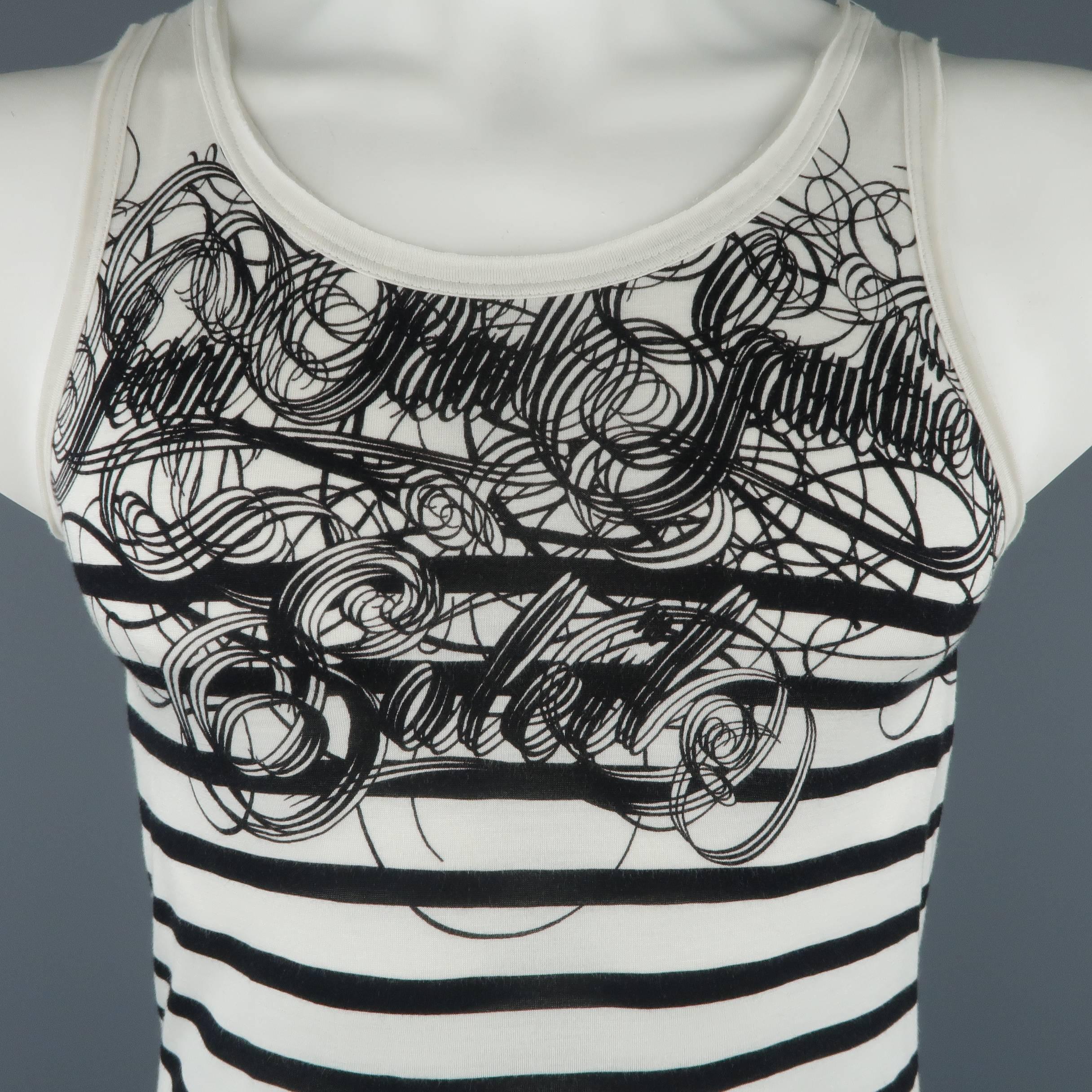 JEAN PAUL GAULTIER tank top comes in black and white striped burnout jersey with frayed trim and SOLEIL logo. Made in Italy.
 
Good Pre-Owned Condition.
Marked: L
 
Measurements:
 
Shoulder: 14 in.
Chest: 36 in.
Length: 29 in.
