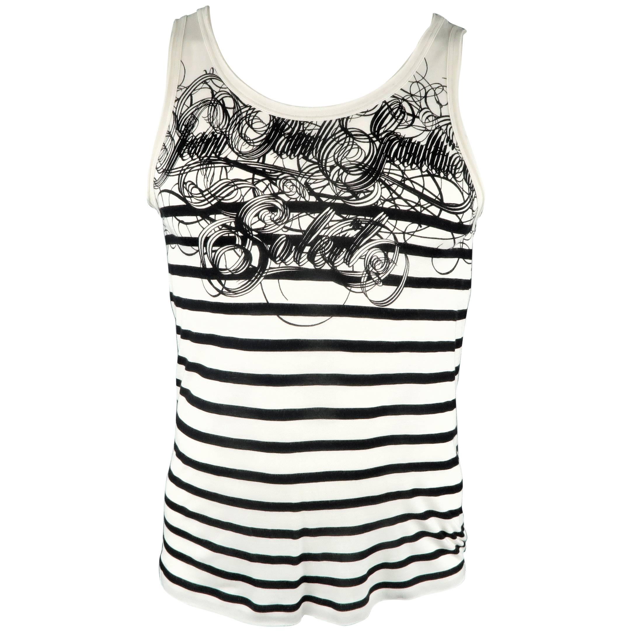Men
s JEAN PAUL GAULTIER Size L White 
Black Stripe Viscose Soleil Tank Top