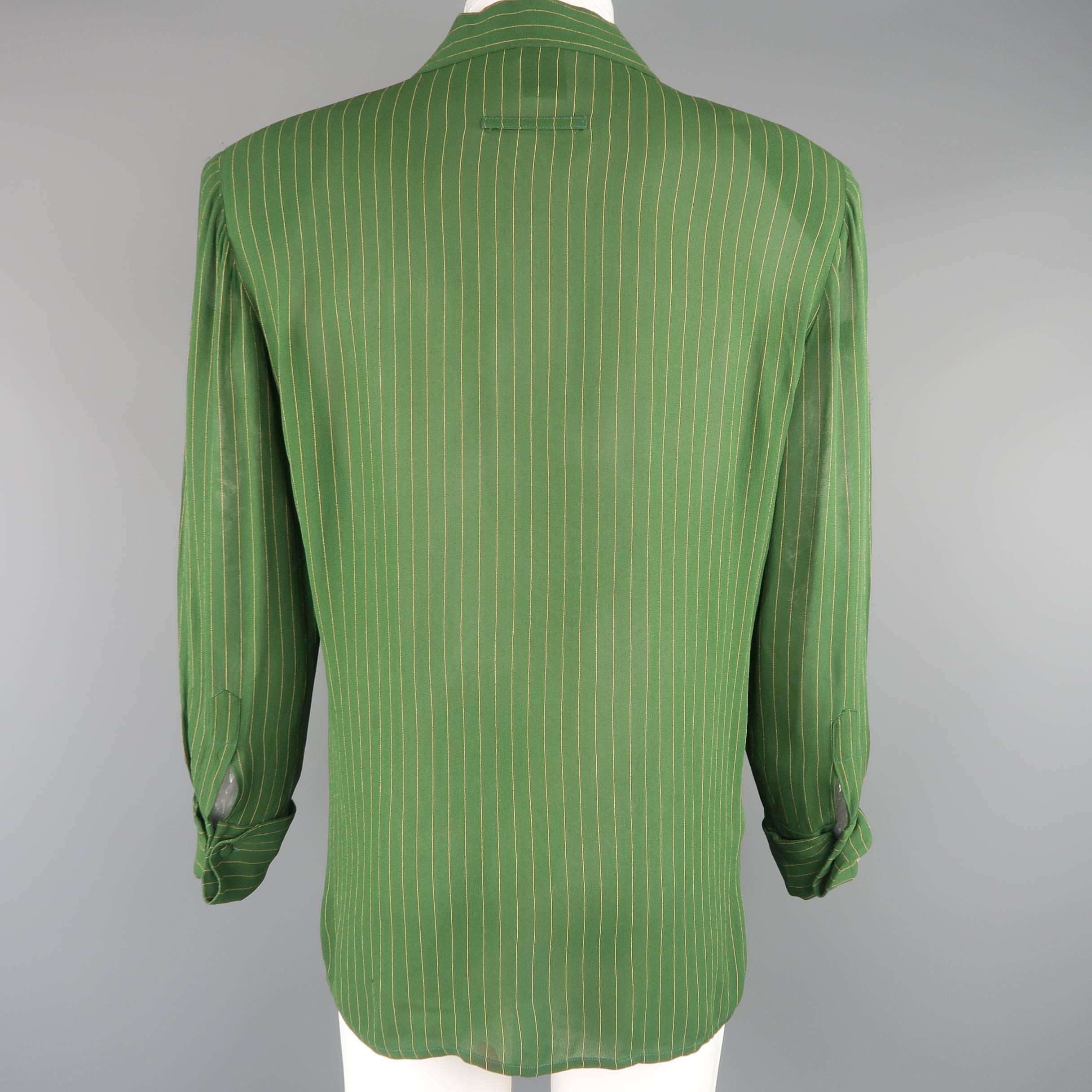 Jean Paul Gaultier Men's Green and Yellow Pinstripe Crepe French Cuff Shirt In Fair Condition In San Francisco, CA