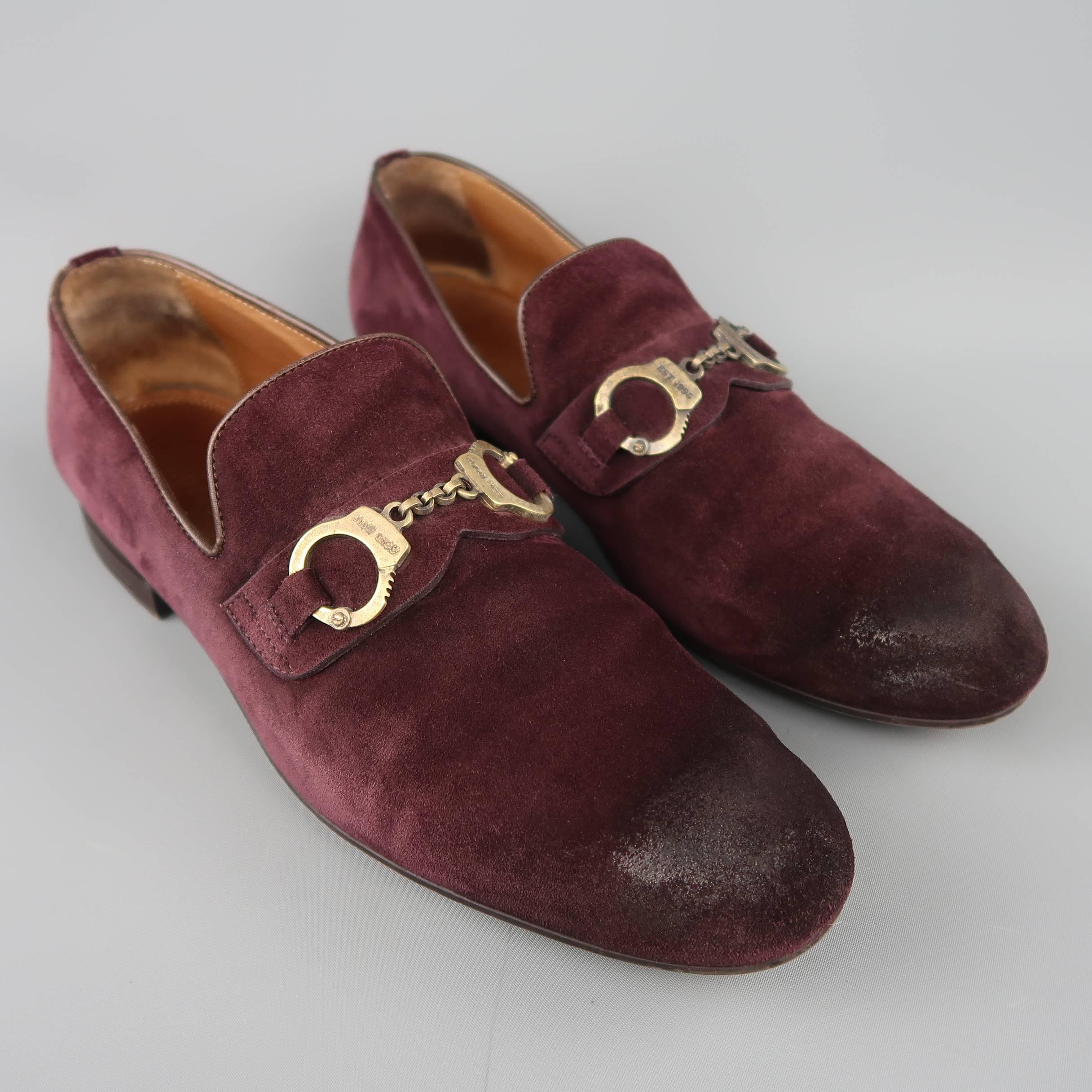 Men's JIMMY CHOO Size 12 Eggplant Antique Suede Gold Handcuffs Loafers In Fair Condition In San Francisco, CA