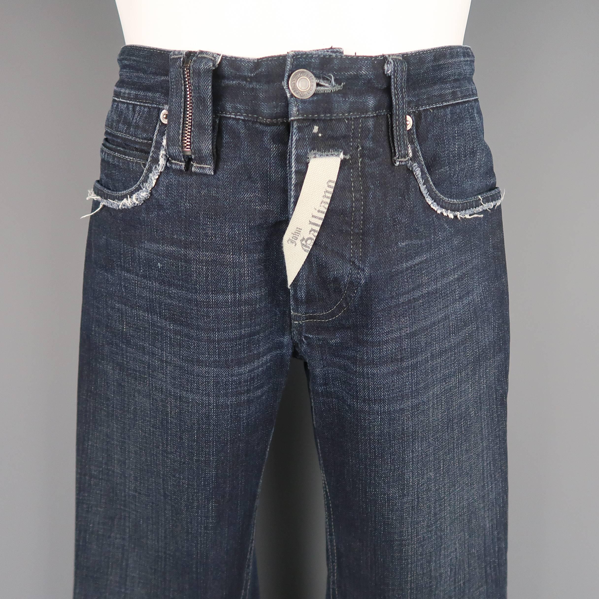 JOHN GALLIANO jeans come in navy washed denim with distressed trim, zipper belt loop, logo ribbon fly embellishment, and metal hoop detailed back. Made in Italy.
 
Good Pre-Owned Condition.
Marked: IT 46
 
Measurements:
 
Waist: 30 n.
Rise: 9.5