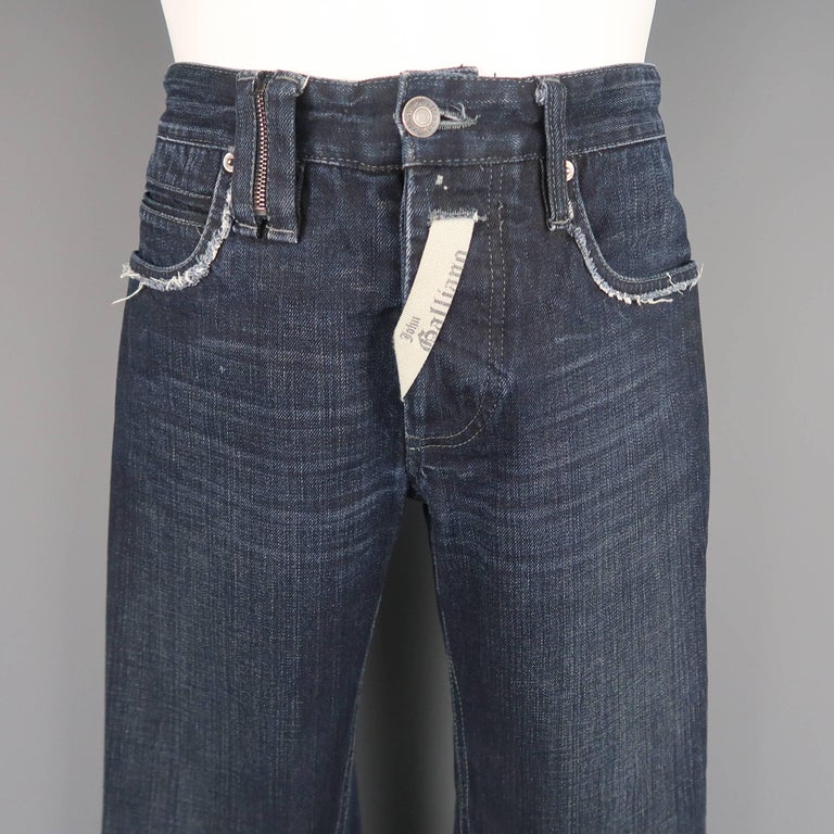 Men's JOHN GALLIANO Size 30 Navy Wash Distressed Denim Back Hoop Jeans at 1stDibs john