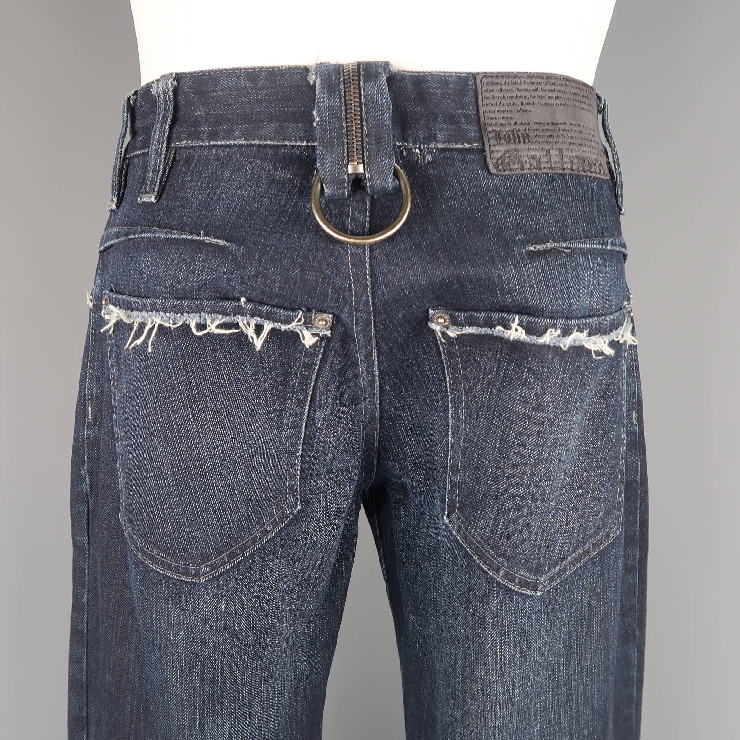 Men's JOHN GALLIANO Size 30 Navy Wash Distressed Denim Back Hoop Jeans 1