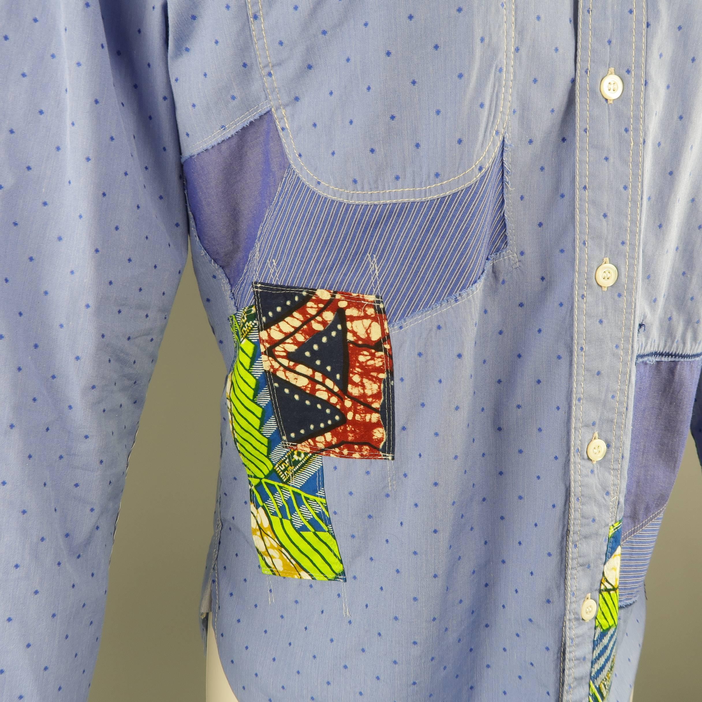 Men's JUNYA WATANABE Size L Blue Dotted Patchwork Cotton Long Sleeve Shirt In Excellent Condition In San Francisco, CA