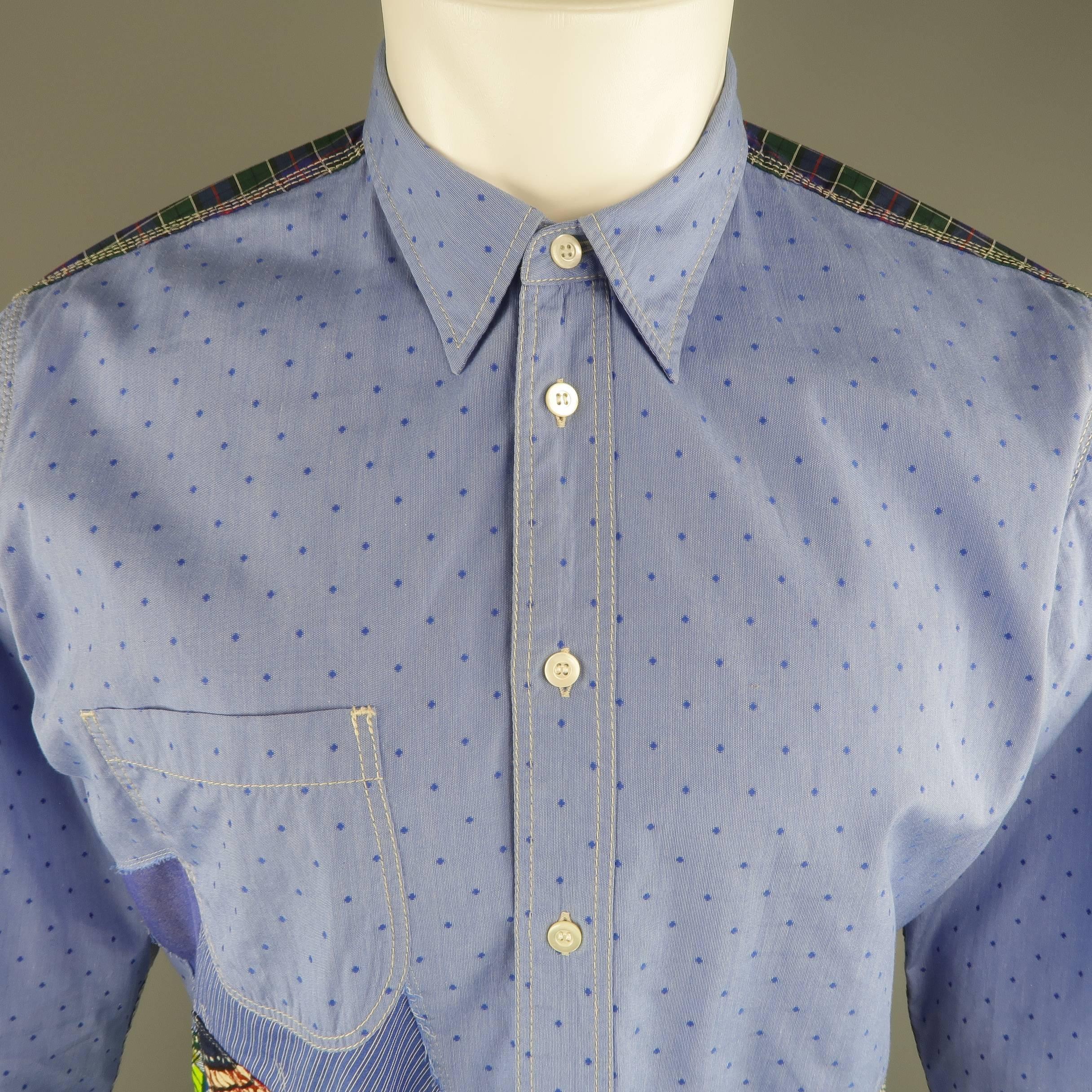 Men's JUNYA WATANABE Size L Blue Dotted Patchwork Cotton Long Sleeve Shirt 1