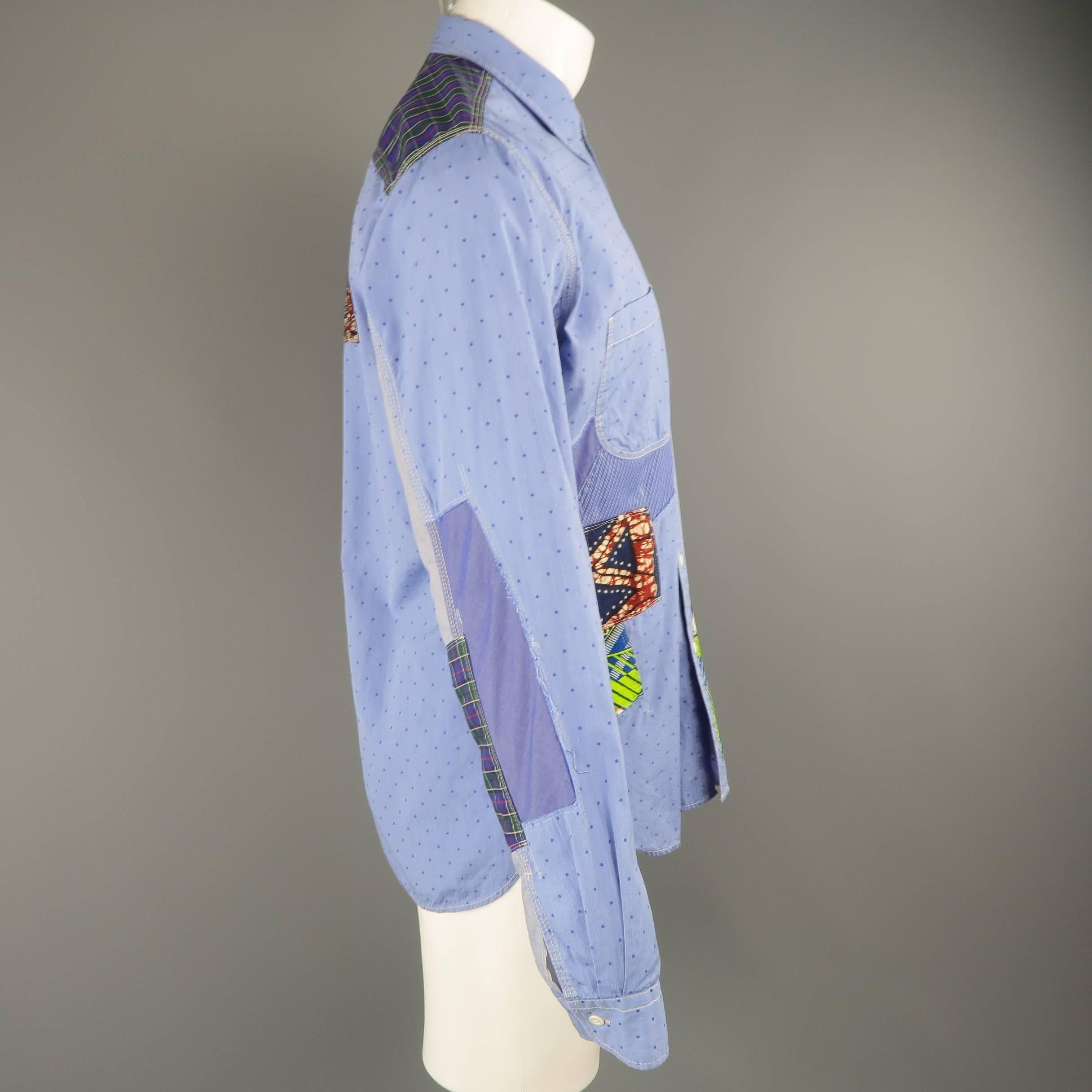 Men's JUNYA WATANABE Size L Blue Dotted Patchwork Cotton Long Sleeve Shirt 2