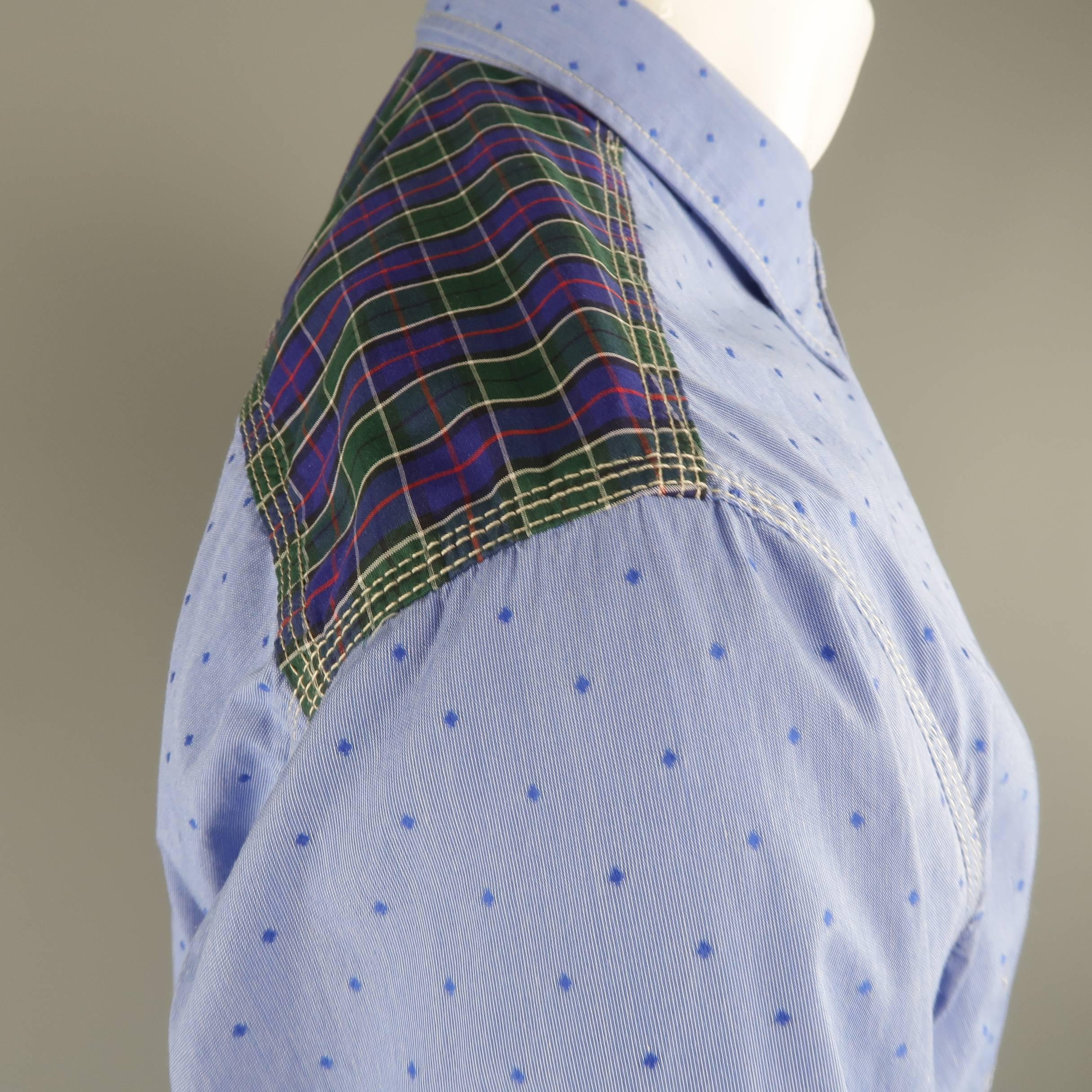 Men's JUNYA WATANABE Size L Blue Dotted Patchwork Cotton Long Sleeve Shirt 3