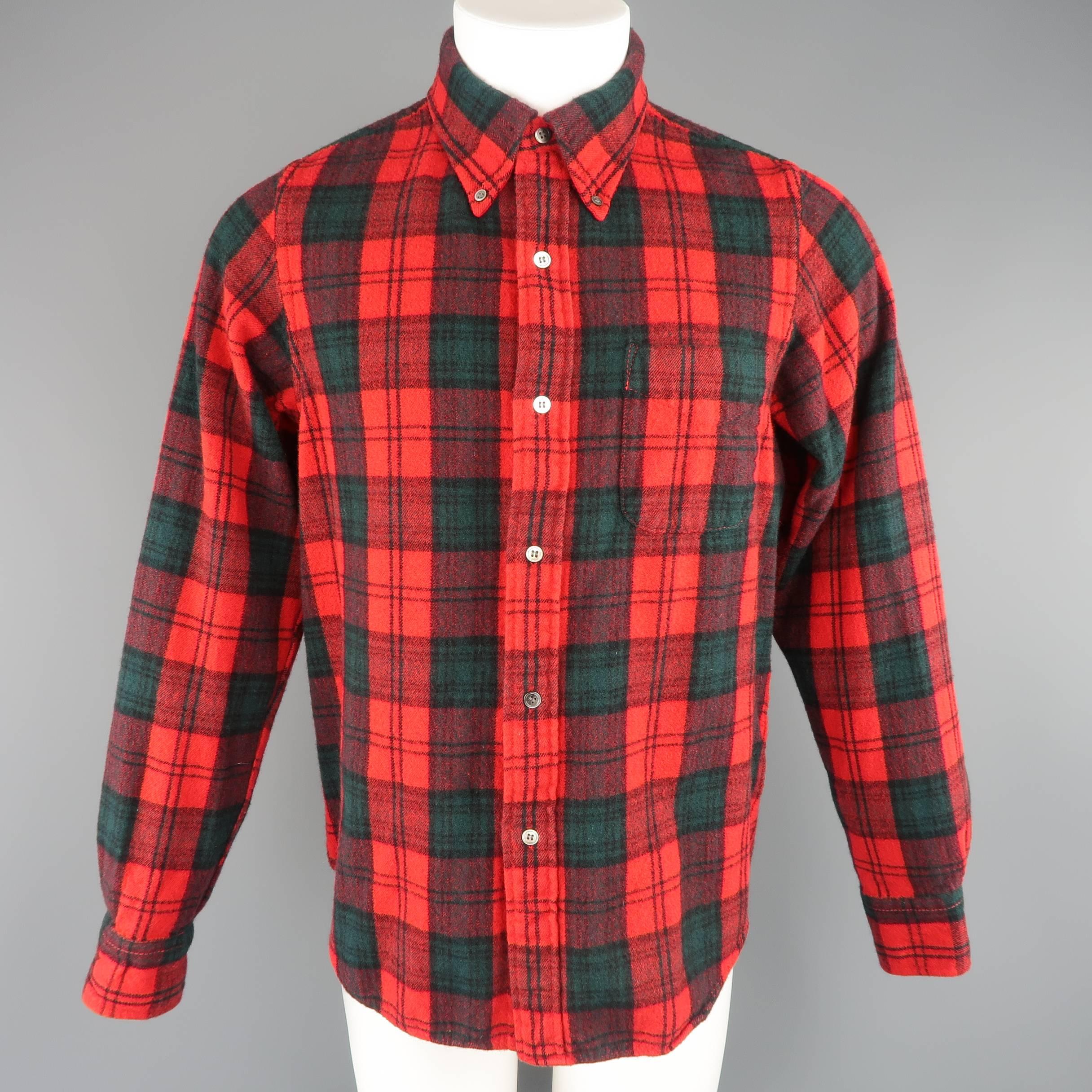 Men's JUNYA WATANABE Size S Red & Green Plaid Wool Blend Button Down Flannel Shi In Excellent Condition In San Francisco, CA