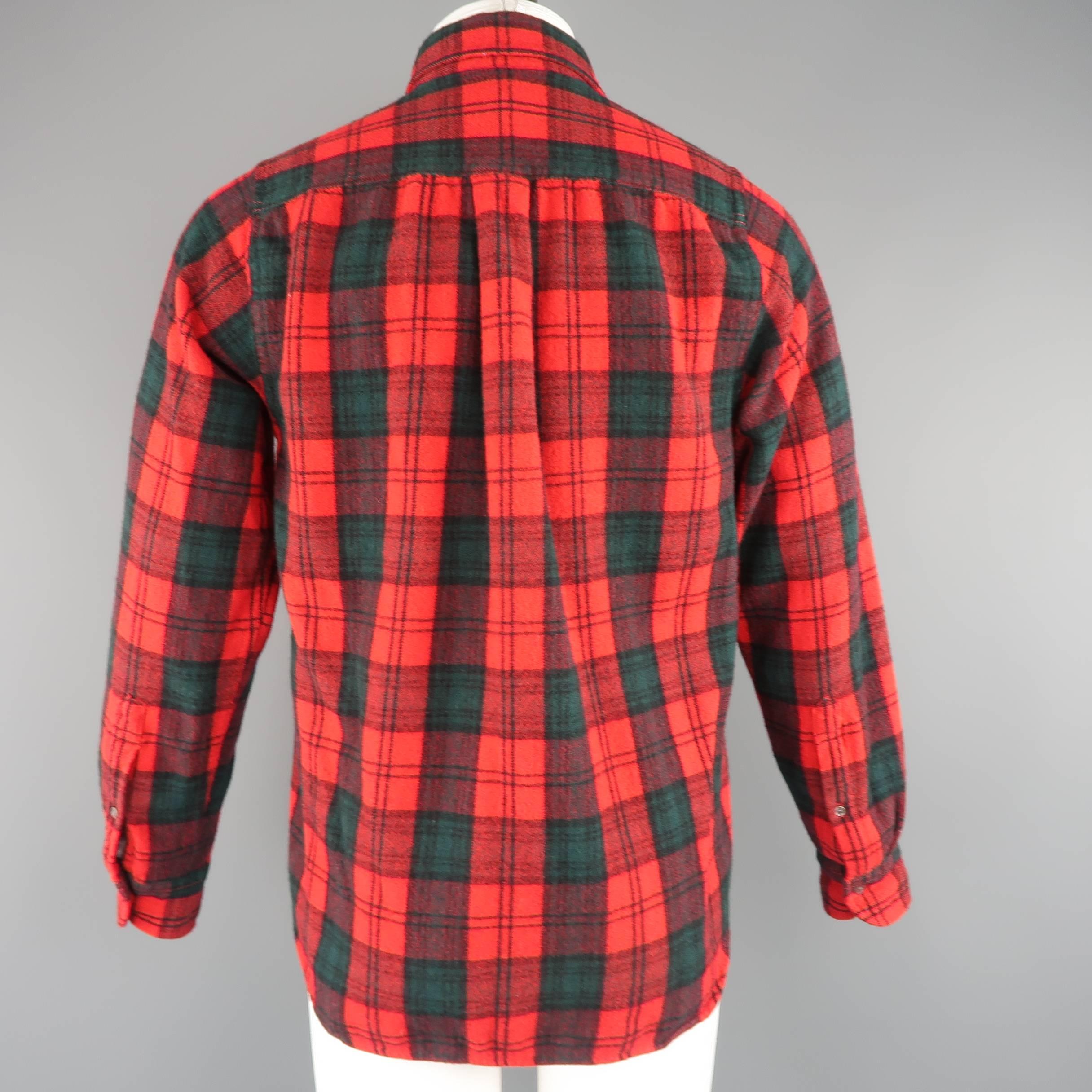 Men's JUNYA WATANABE Size S Red & Green Plaid Wool Blend Button Down Flannel Shi 1