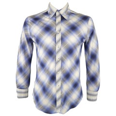 Men's JUST CAVALLI Size L Blue Shadow Plaid Cotton Long Sleeve Shirt