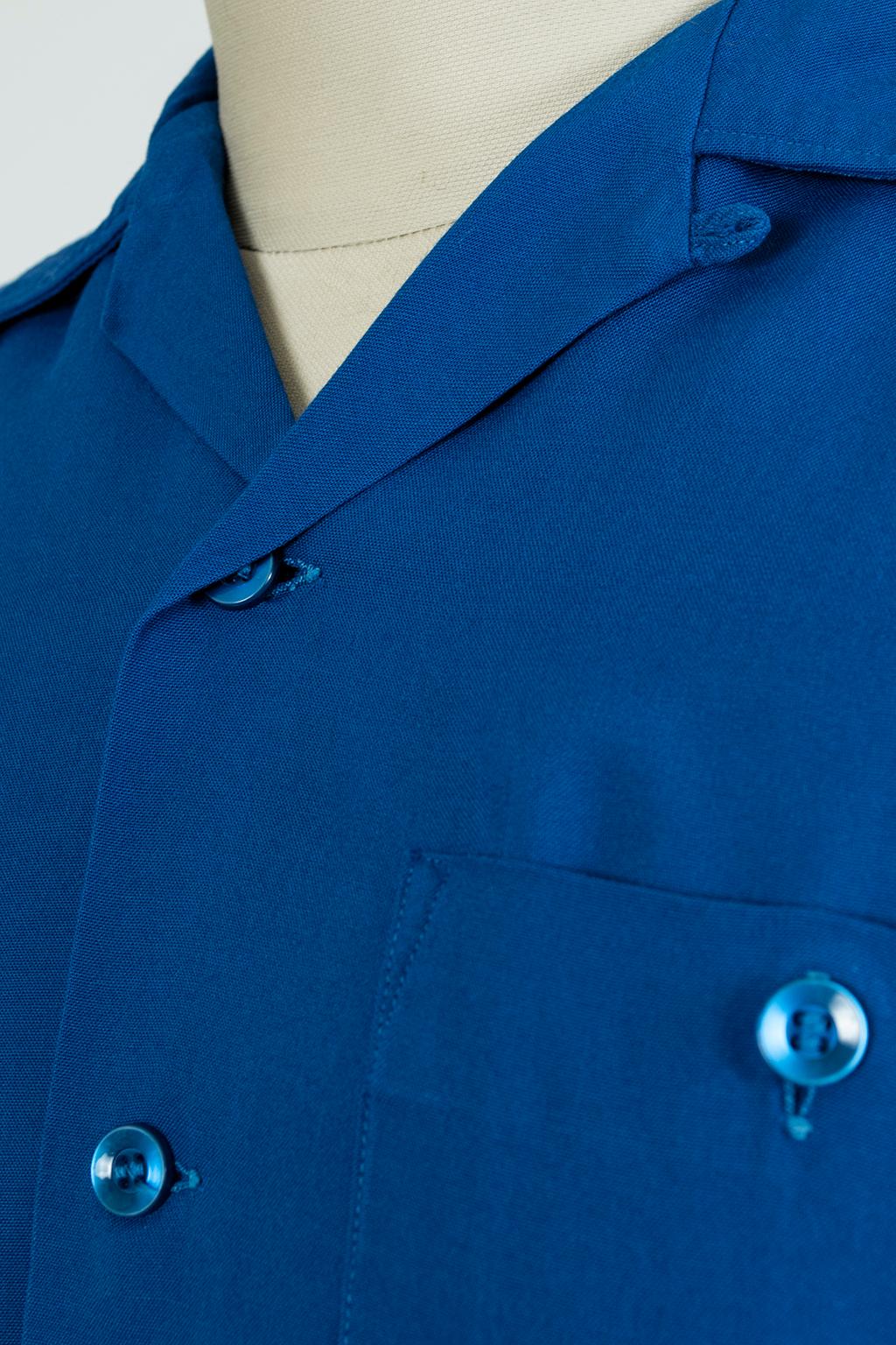 Men's Men’s King Louie Ten Strike Royal Blue Bowling Shirt – Medium, 1950s For Sale