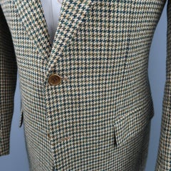 KITON 40 Green & Tan Gold Houndstooth Wool / Cashmere Notch Lapel Sport Coat