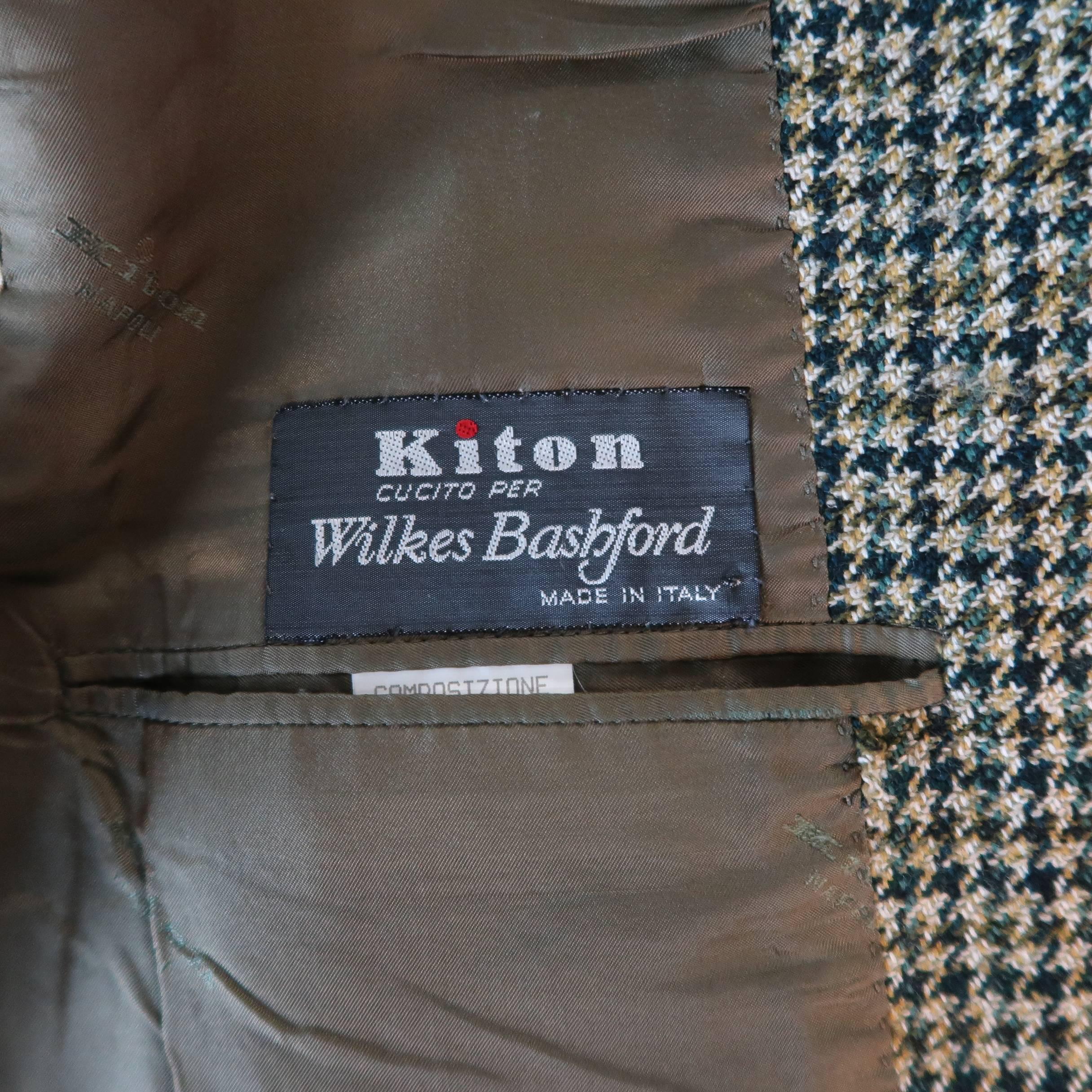 KITON 40 Green & Tan Gold Houndstooth Wool / Cashmere Notch Lapel Sport Coat 1