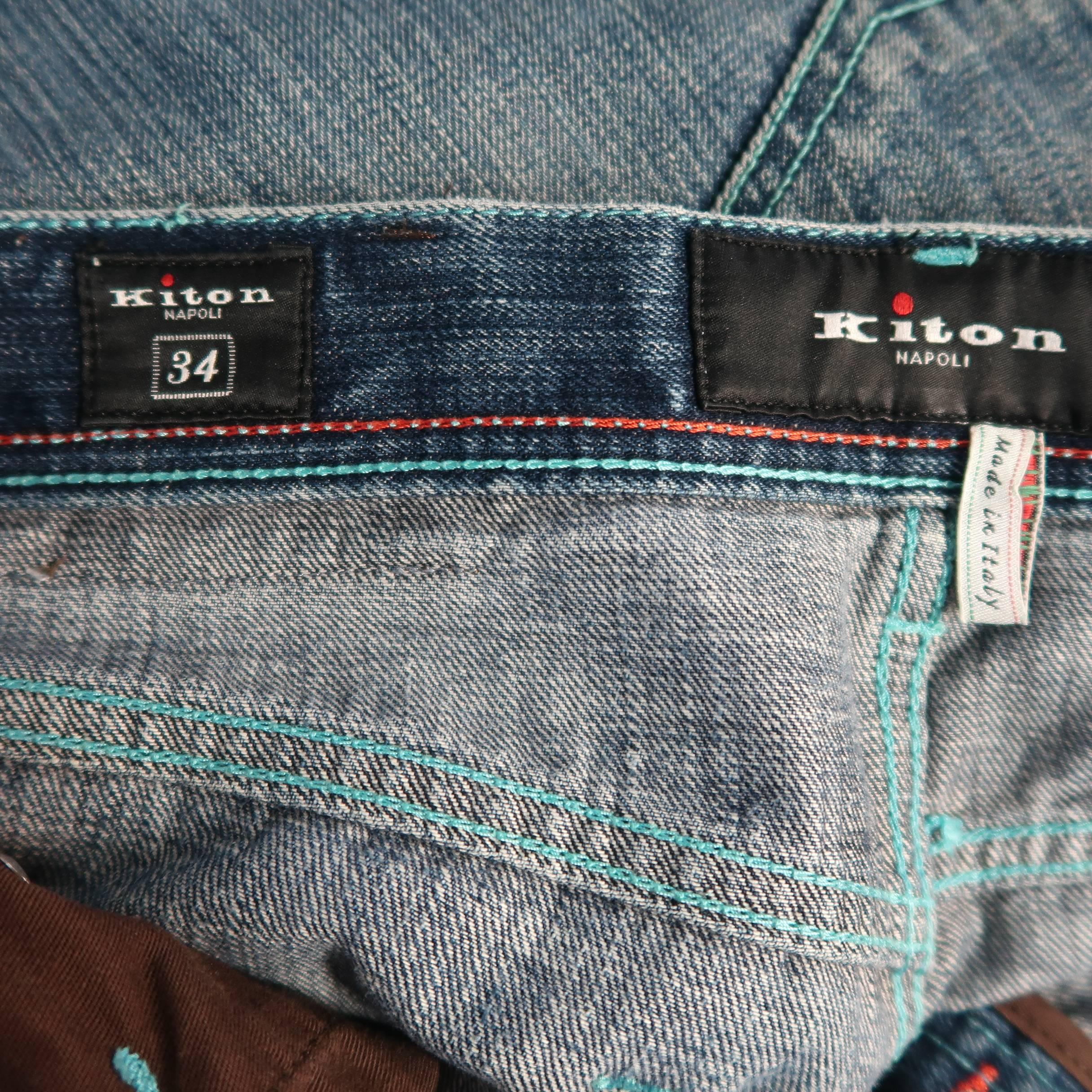 Men's KITON Size 34 Blue Dirty Wash Selvedge Denim Jeans 2