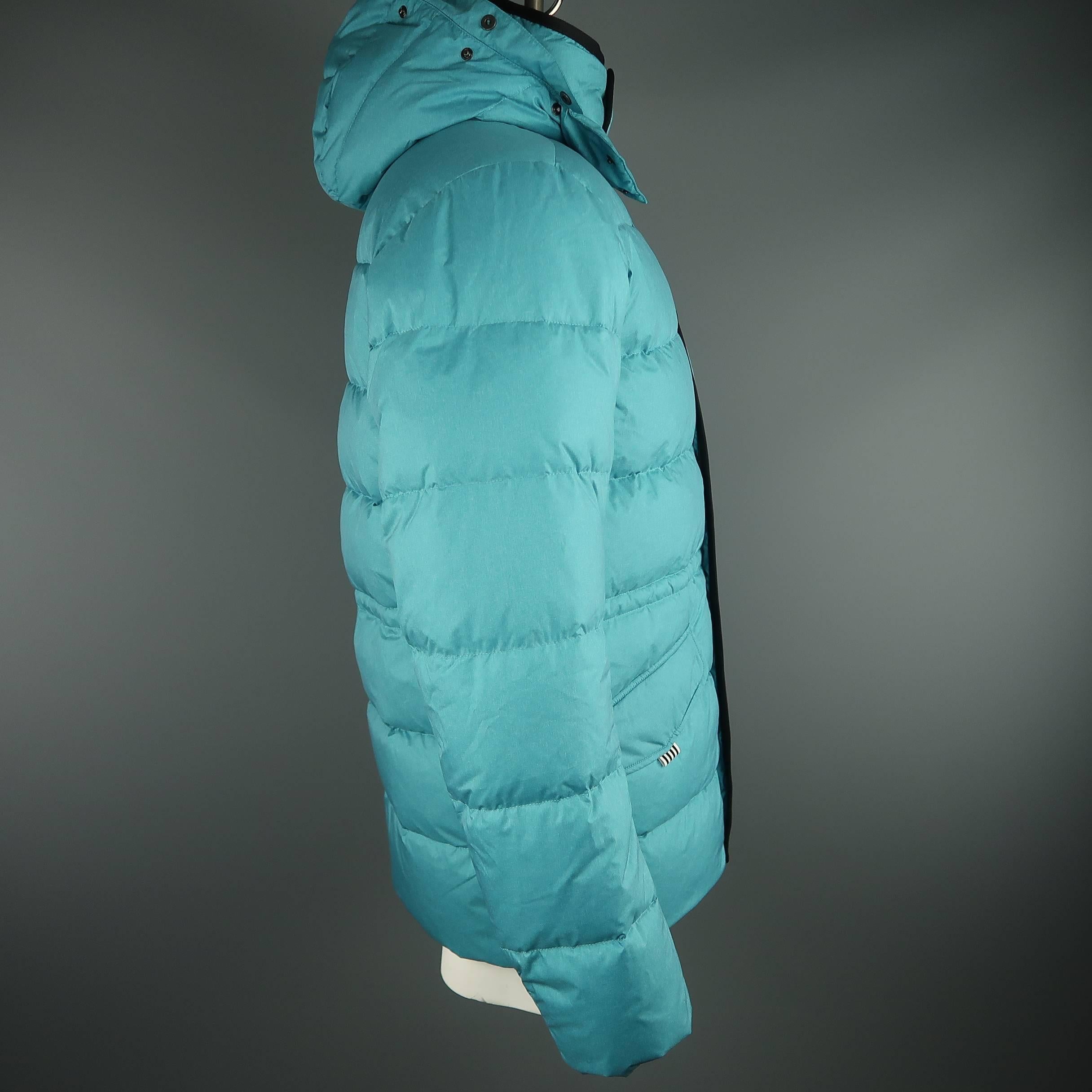 Men's KJUS L Teal Quilted Down Filled Polyester Hooded Ski Parka Jacket In Excellent Condition In San Francisco, CA
