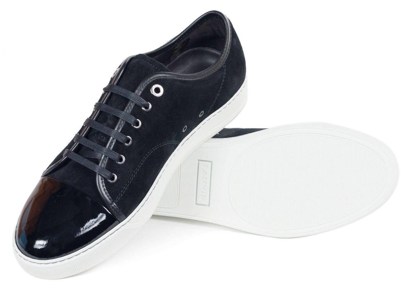 Mens Lanvin Black Suede Patent Cap Lace Up DDB1 Sneakers For Sale 1