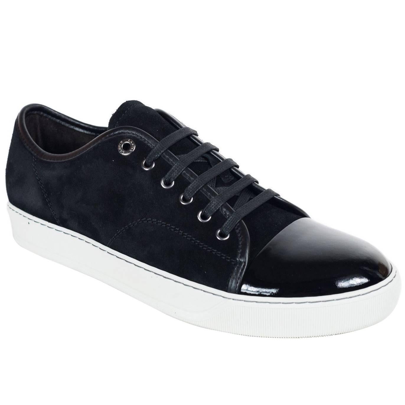 Mens Lanvin Black Suede Patent Cap Lace Up DDB1 Sneakers For Sale