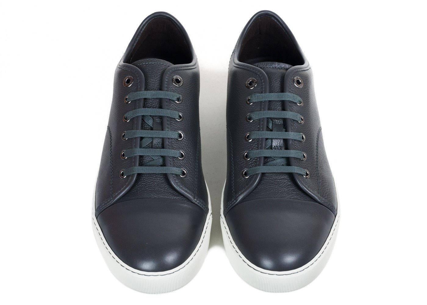 Black Mens Lanvin Grey Grained Calfskin Lace Up DDB1 Sneakers For Sale