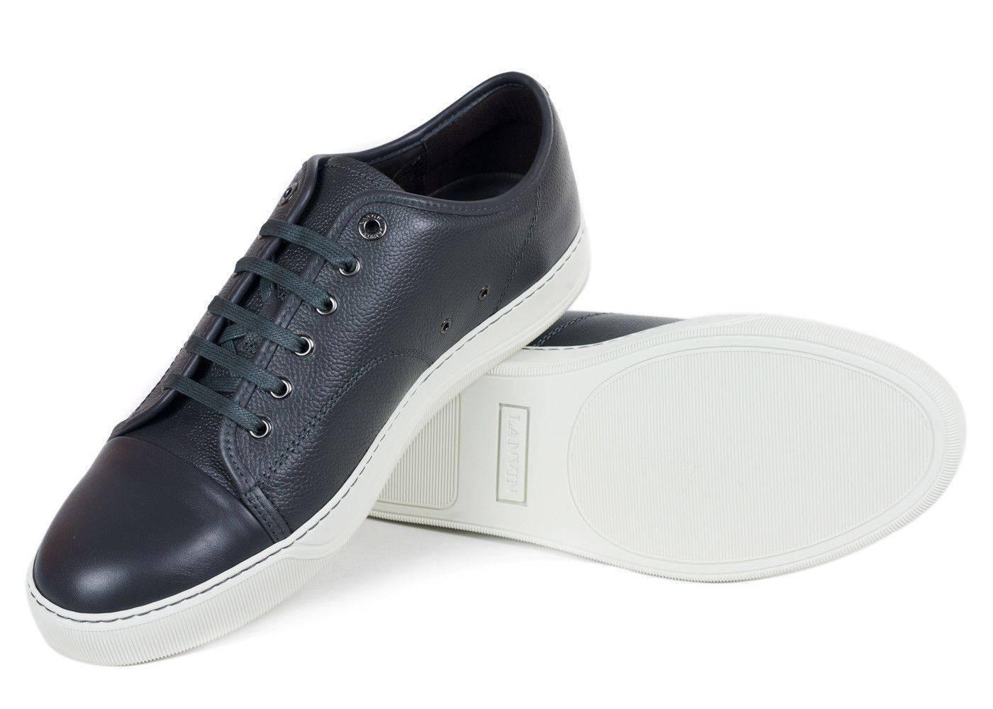 Mens Lanvin Grey Grained Calfskin Lace Up DDB1 Sneakers In New Condition For Sale In Brooklyn, NY