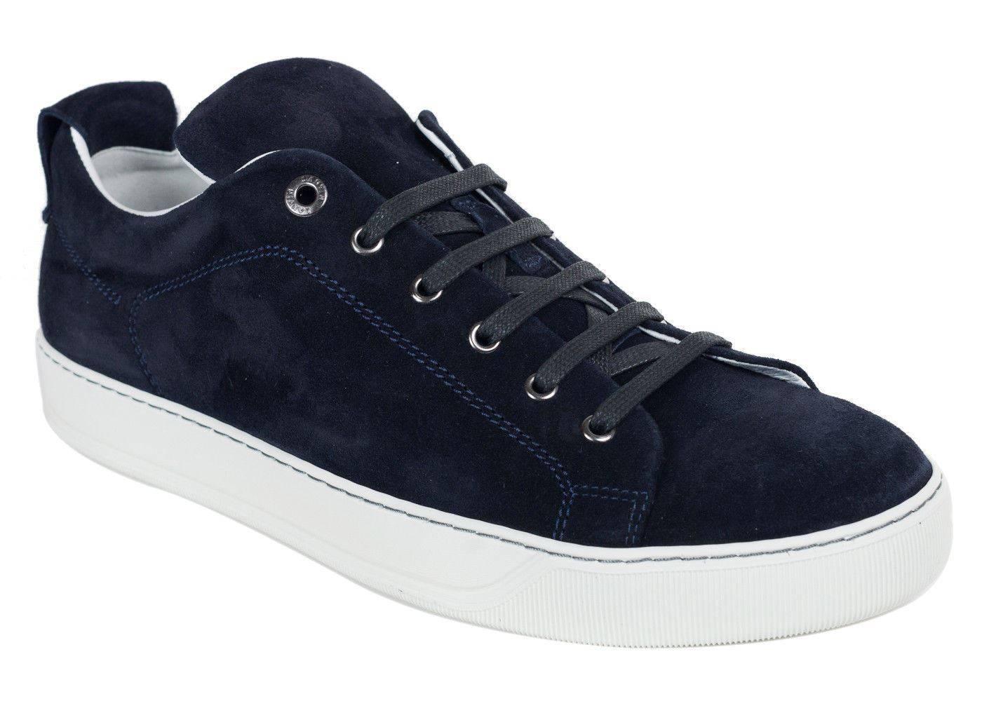 Mens Lanvin Navy Suede Nubuck Calfskin Lace Up Low Top Sneakers In New Condition For Sale In Brooklyn, NY