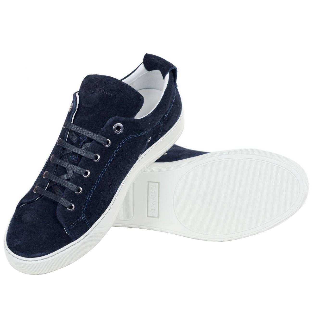 Mens Lanvin Navy Suede Nubuck Calfskin Lace Up Low Top Sneakers For Sale