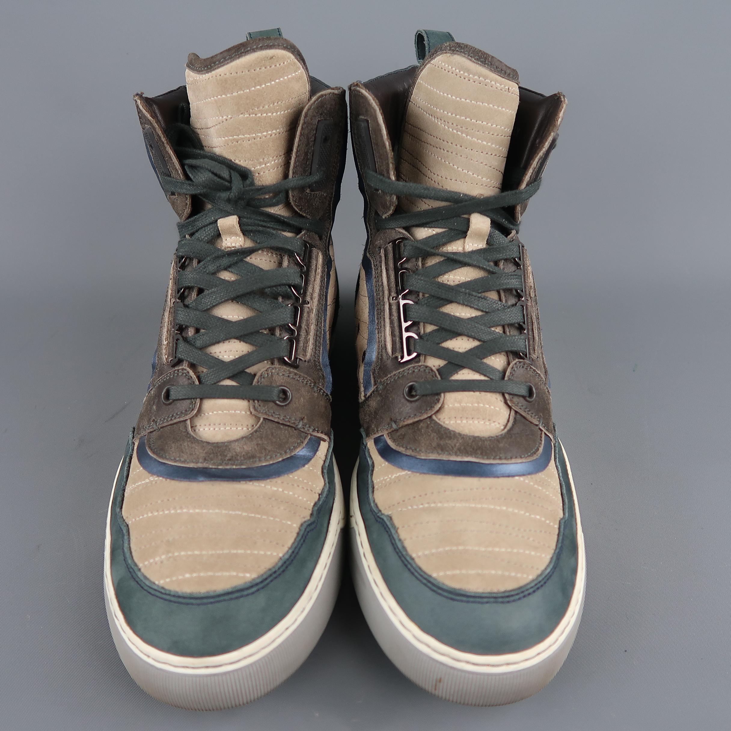 Men's LANVIN Size 11 Blue & Beige Color Block Suede & Leather High Top Sneakers In Good Condition In San Francisco, CA