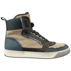 Men's LANVIN Size 11 Blue & Beige Color Block Suede & Leather High Top Sneakers