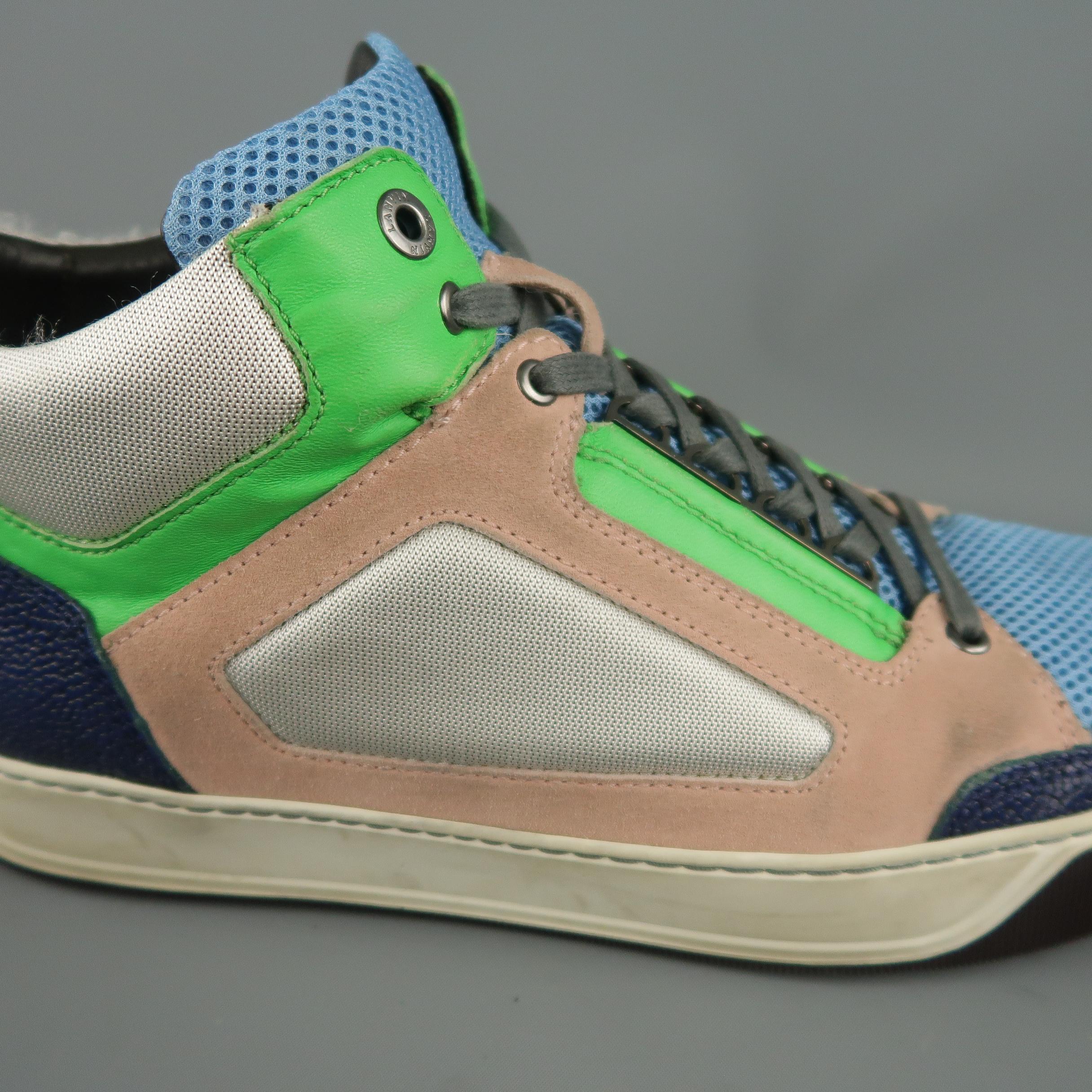 LANVIN color block high top sneakers feature a light blue mesh tongue and toe panel, navy textured leather trim and heel, muted blush pink suede sides, neon green leather trim, silver metallic canvas heel and side panels, and dual tone rubber sole.