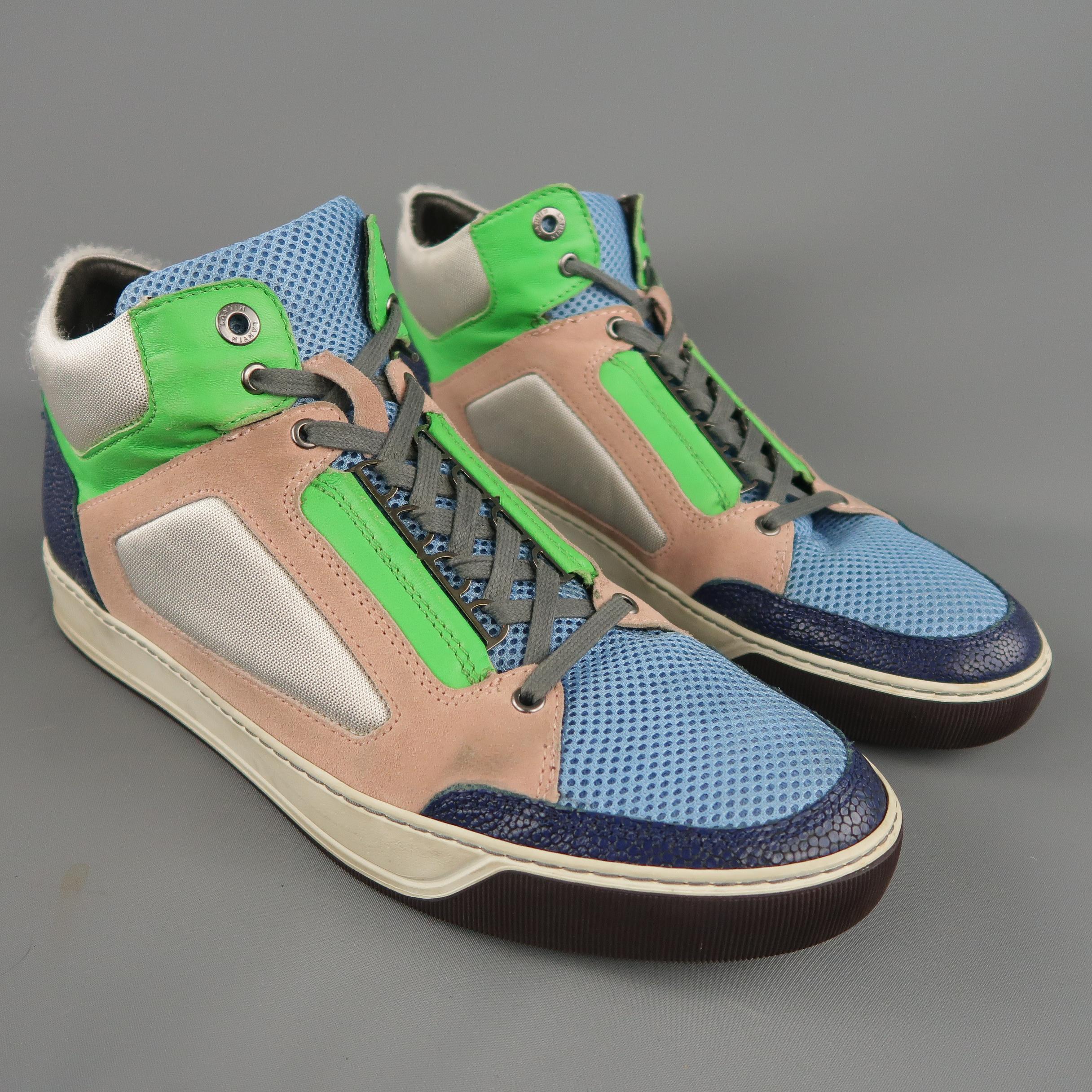 Brown Men's LANVIN Size 11 Silver Pink Blue & Green Color Block High Top Sneakers