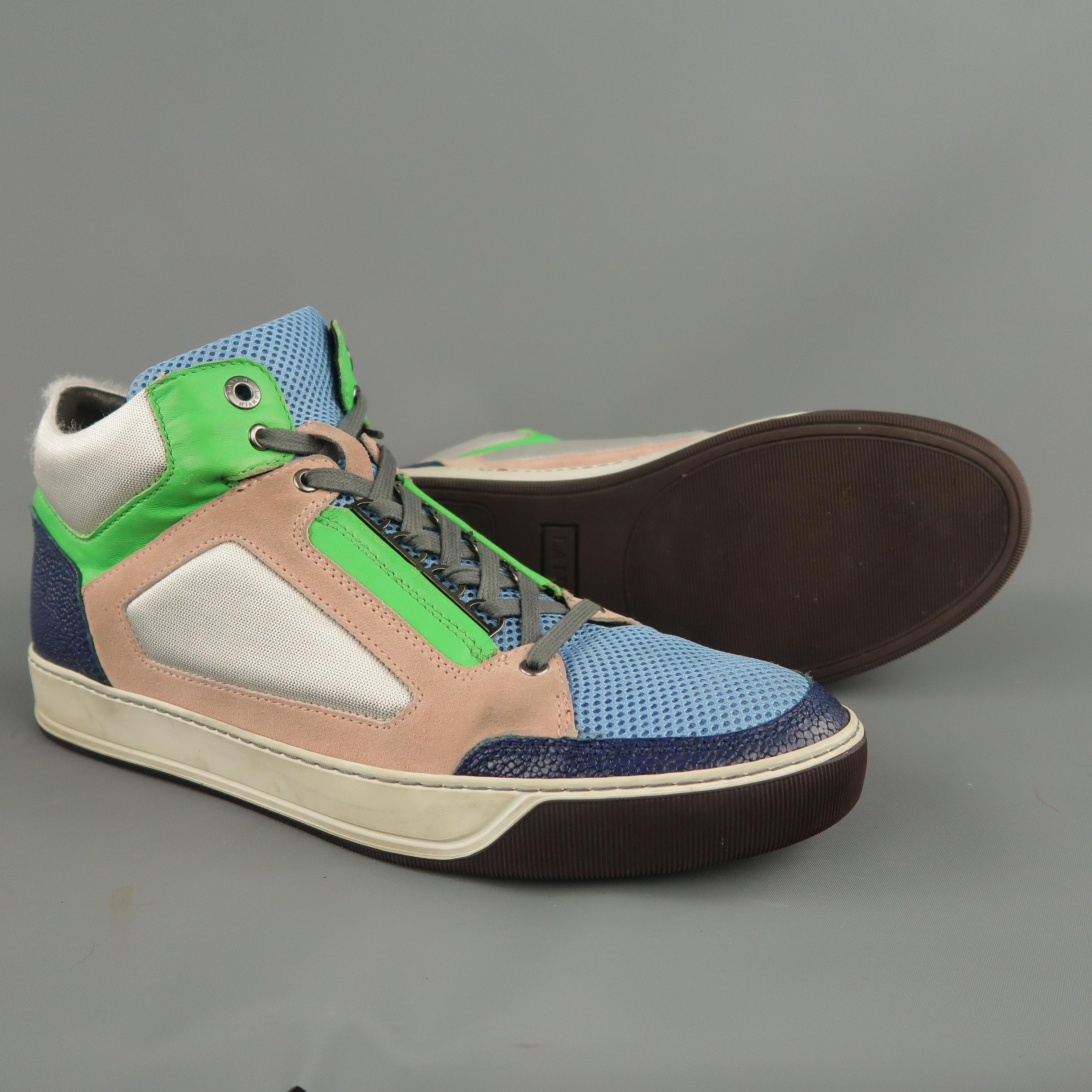 Men's LANVIN Size 11 Silver Pink Blue & Green Color Block High Top Sneakers In Good Condition In San Francisco, CA