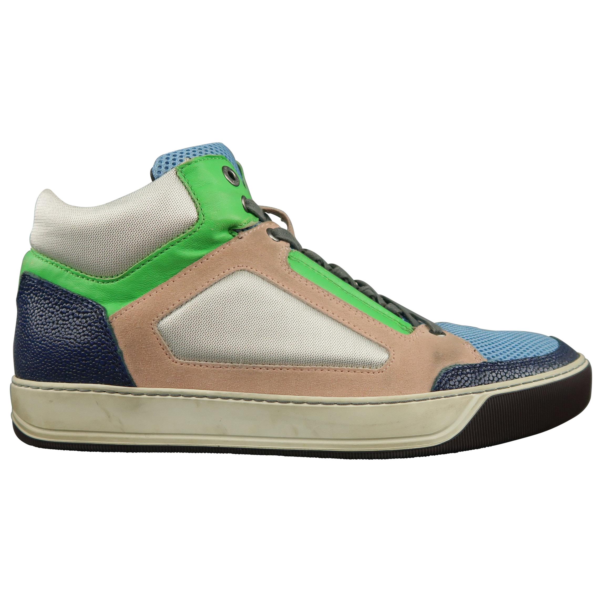 Men's LANVIN Size 11 Silver Pink Blue & Green Color Block High Top Sneakers