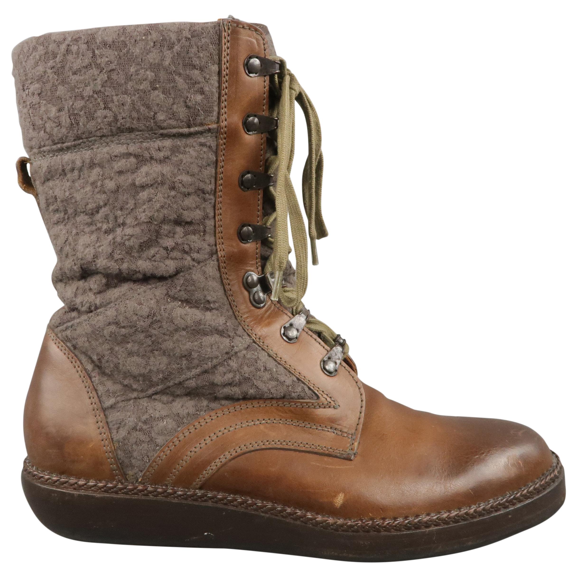 Men's LANVIN Size 7 Brown Leather & Textured Lace Mid Calf Combat Boots