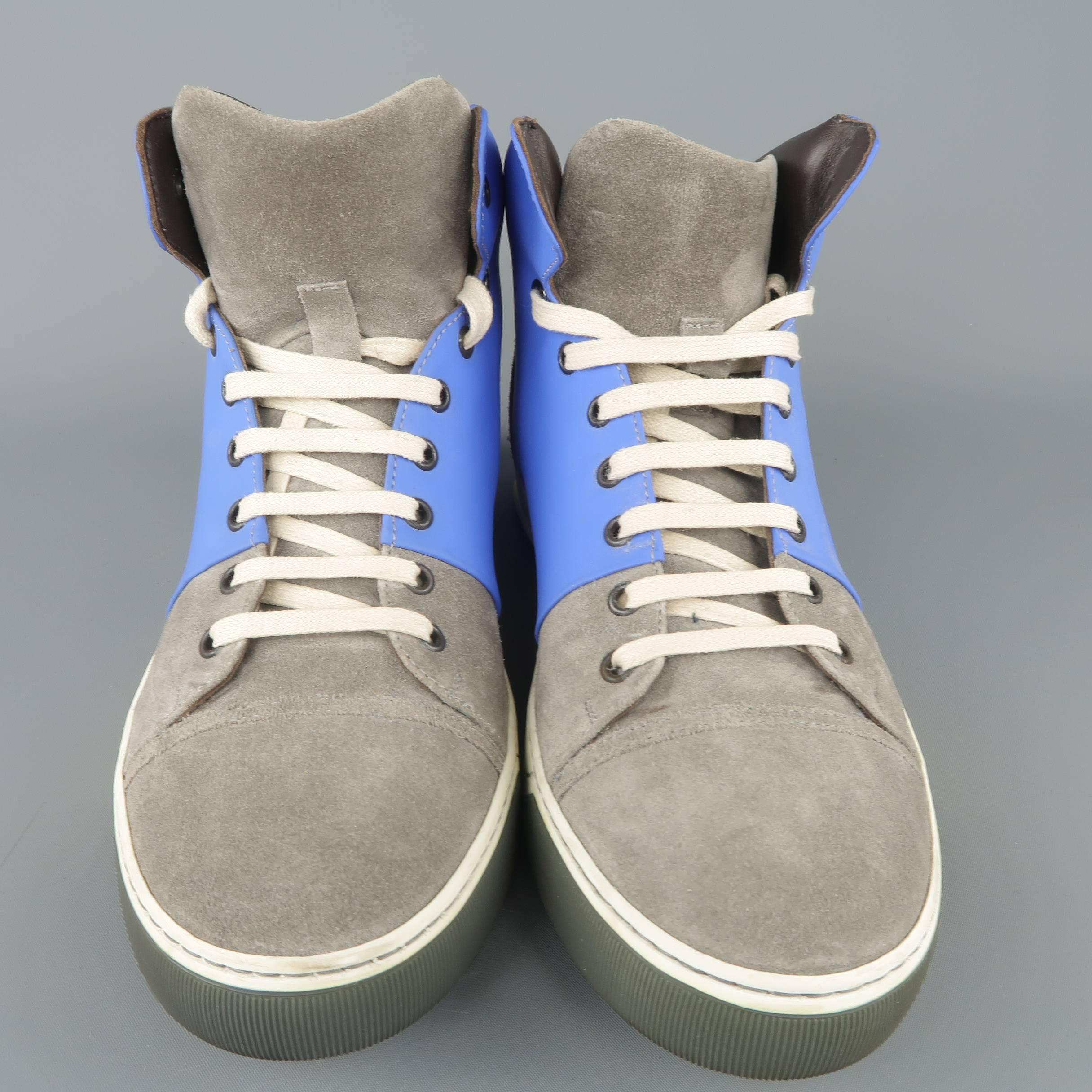 Men's LANVIN Size 8 Grey Suede & Blue Rubber Two Toned High Top Sneakers In Good Condition In San Francisco, CA