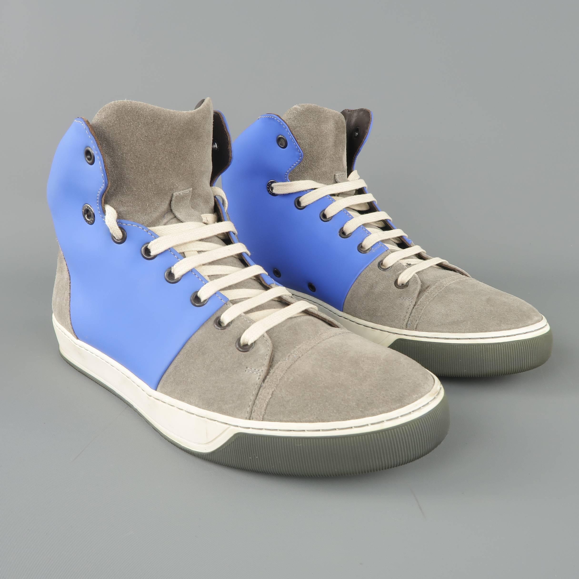 Men's LANVIN Size 8 Grey Suede & Blue Rubber Two Toned High Top Sneakers 1