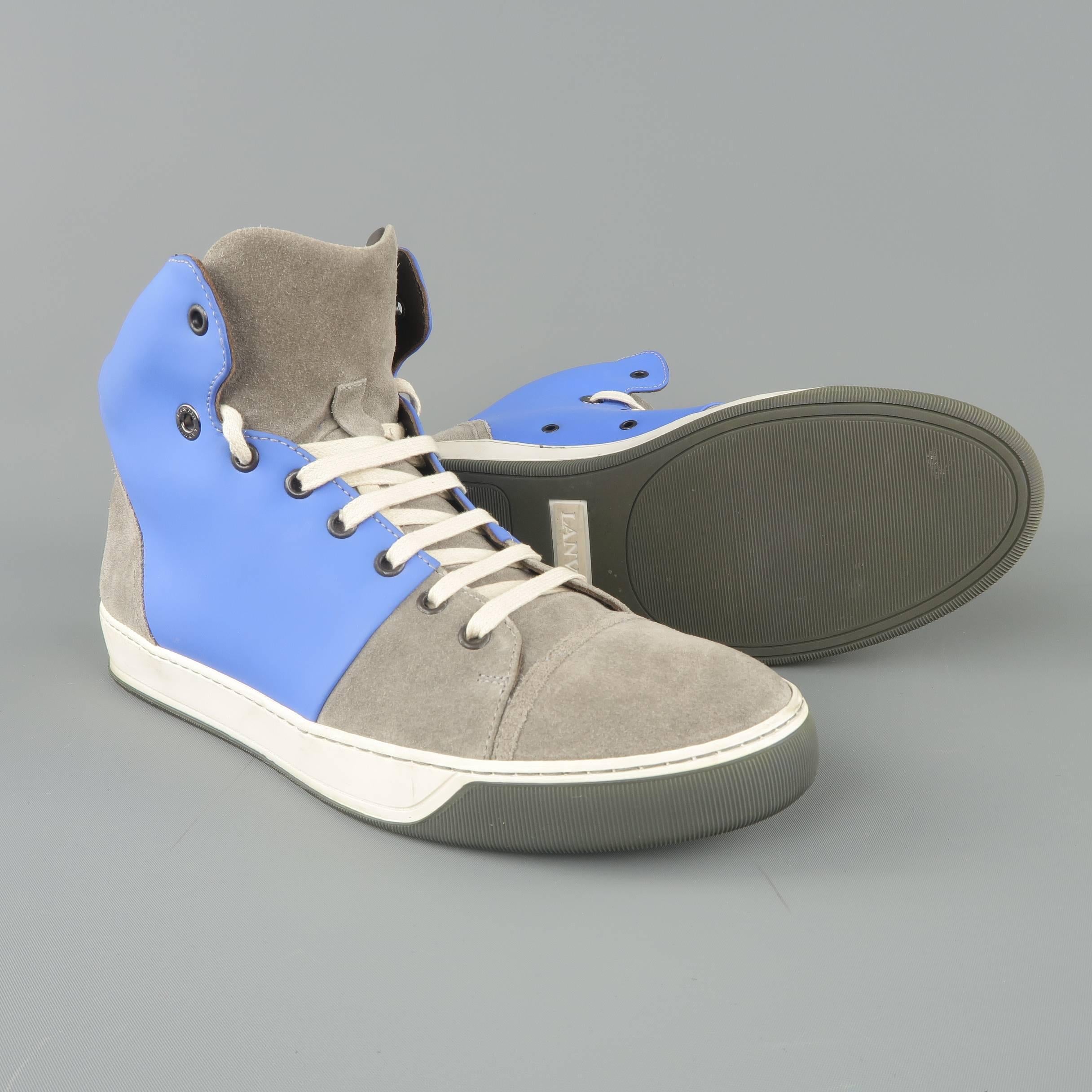 Men's LANVIN Size 8 Grey Suede & Blue Rubber Two Toned High Top Sneakers 2