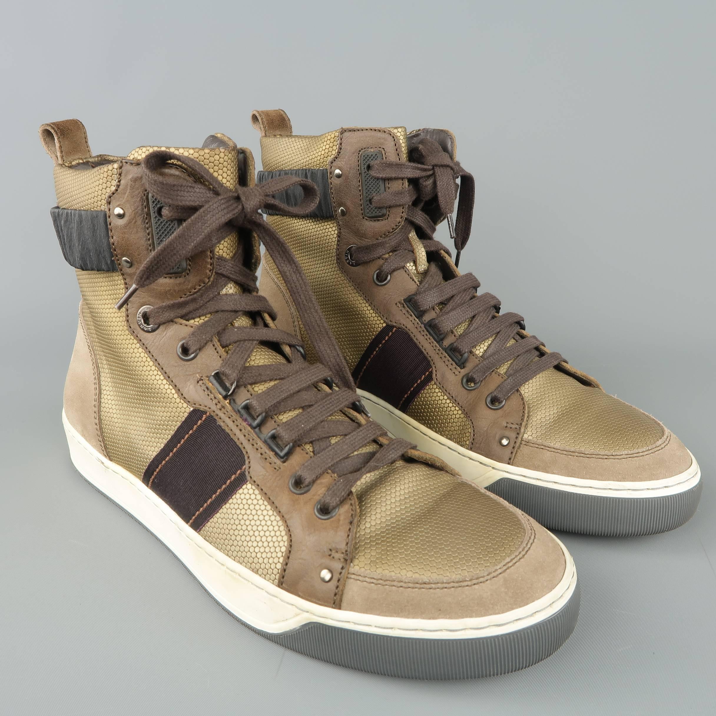 Brown Men's LANVIN Size 8 Metallic Gold & Taupe Suede High Top Cuff Sneakers