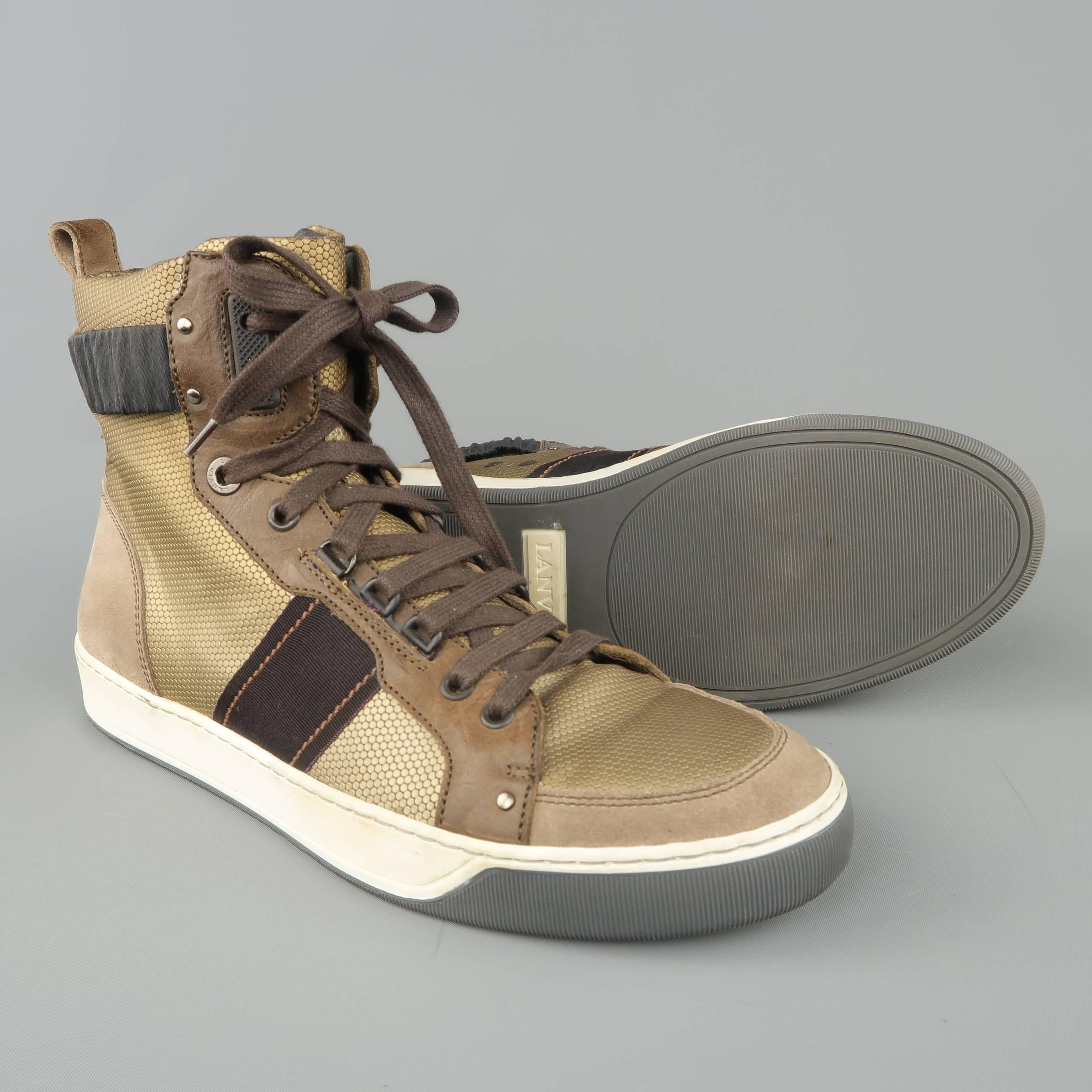 Men's LANVIN Size 8 Metallic Gold & Taupe Suede High Top Cuff Sneakers In Fair Condition In San Francisco, CA