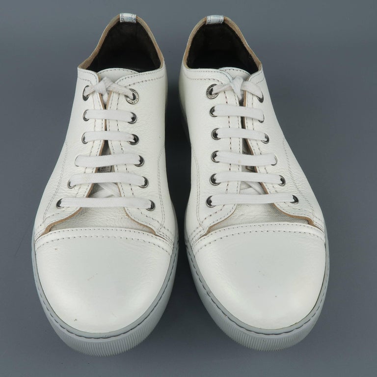 Men's LANVIN Size 9 Iridescent White Textured Leather Grey Sole Low Top ...