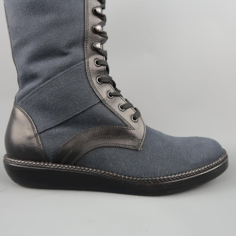 Men's LANVIN Size 9 Navy and Black Canvas and Leather Calf High Boots