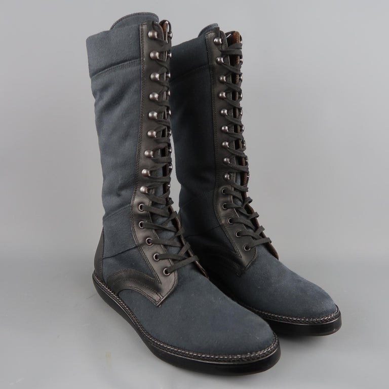 Men's LANVIN Size 9 Navy and Black Canvas and Leather Calf High Boots