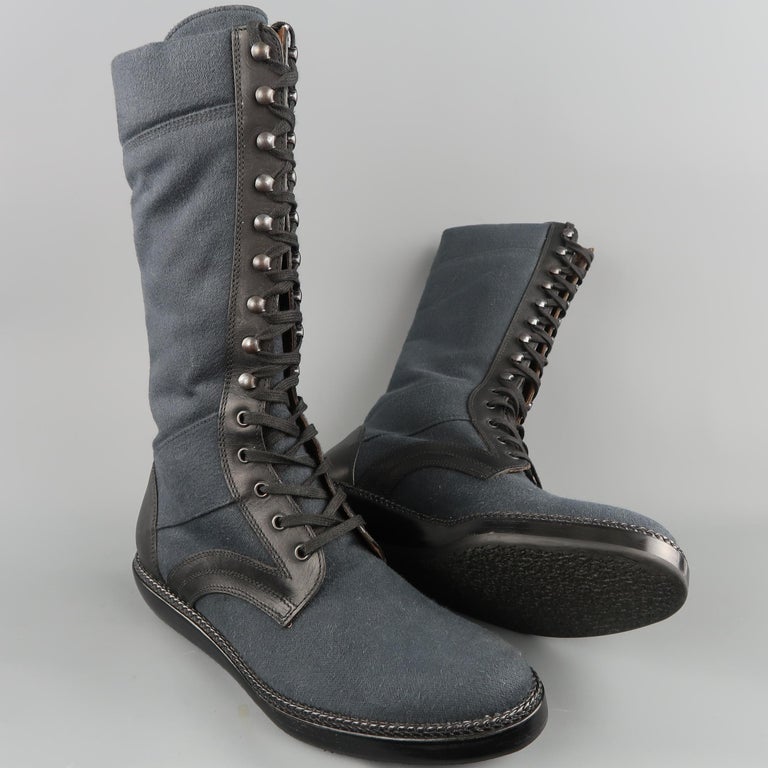 Men's LANVIN Size 9 Navy and Black Canvas and Leather Calf High Boots
