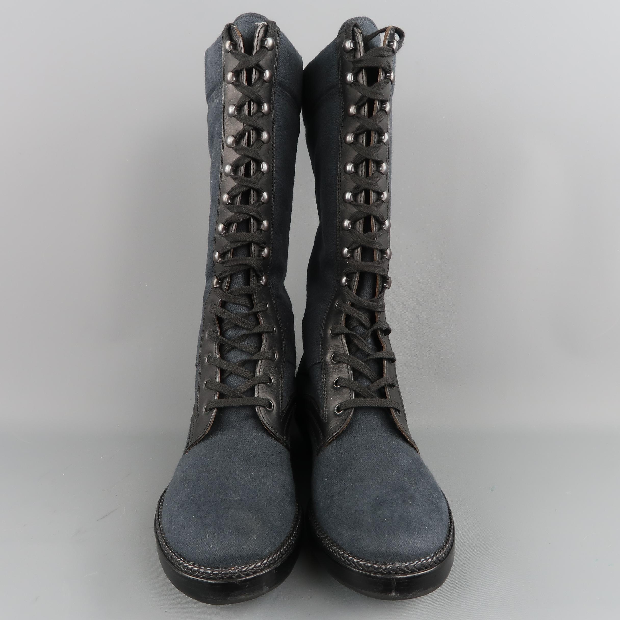 Men's LANVIN Size 9 Navy & Black Canvas & Leather Calf High Boots 1