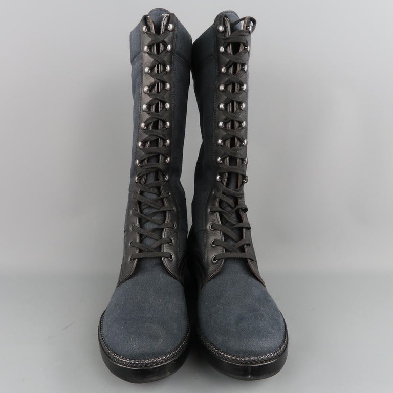Men's LANVIN Size 9 Navy and Black Canvas and Leather Calf High Boots