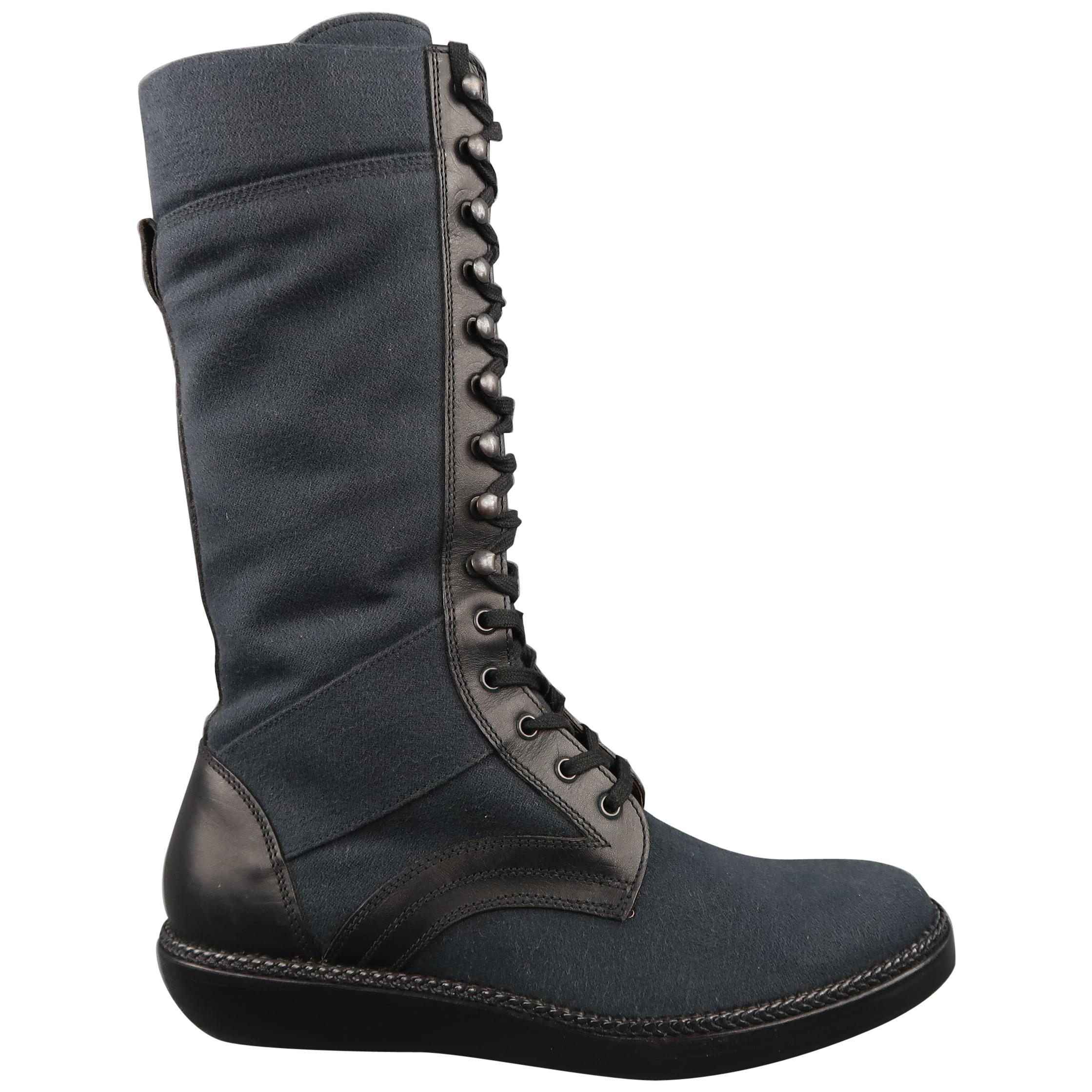 Men's LANVIN Size 9 Navy & Black Canvas & Leather Calf High Boots