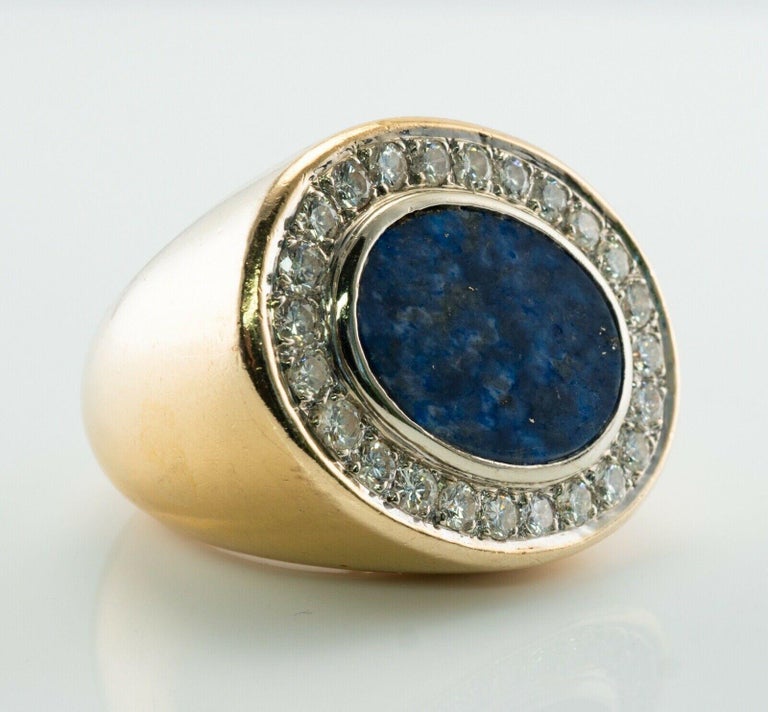 Oval Cut Mens Lapis Lazuli Diamond Ring 18K Gold Band Vintage For Sale