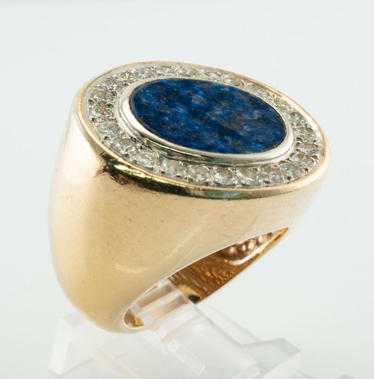 Mens Lapis Lazuli Diamond Ring 18K Gold Band Vintage For Sale 2