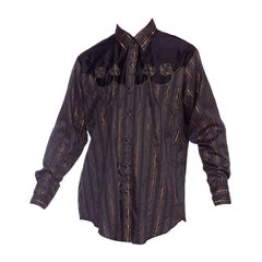 Retro Mens Large 17-35 1970's Gold Lurex Black Western Shirt 