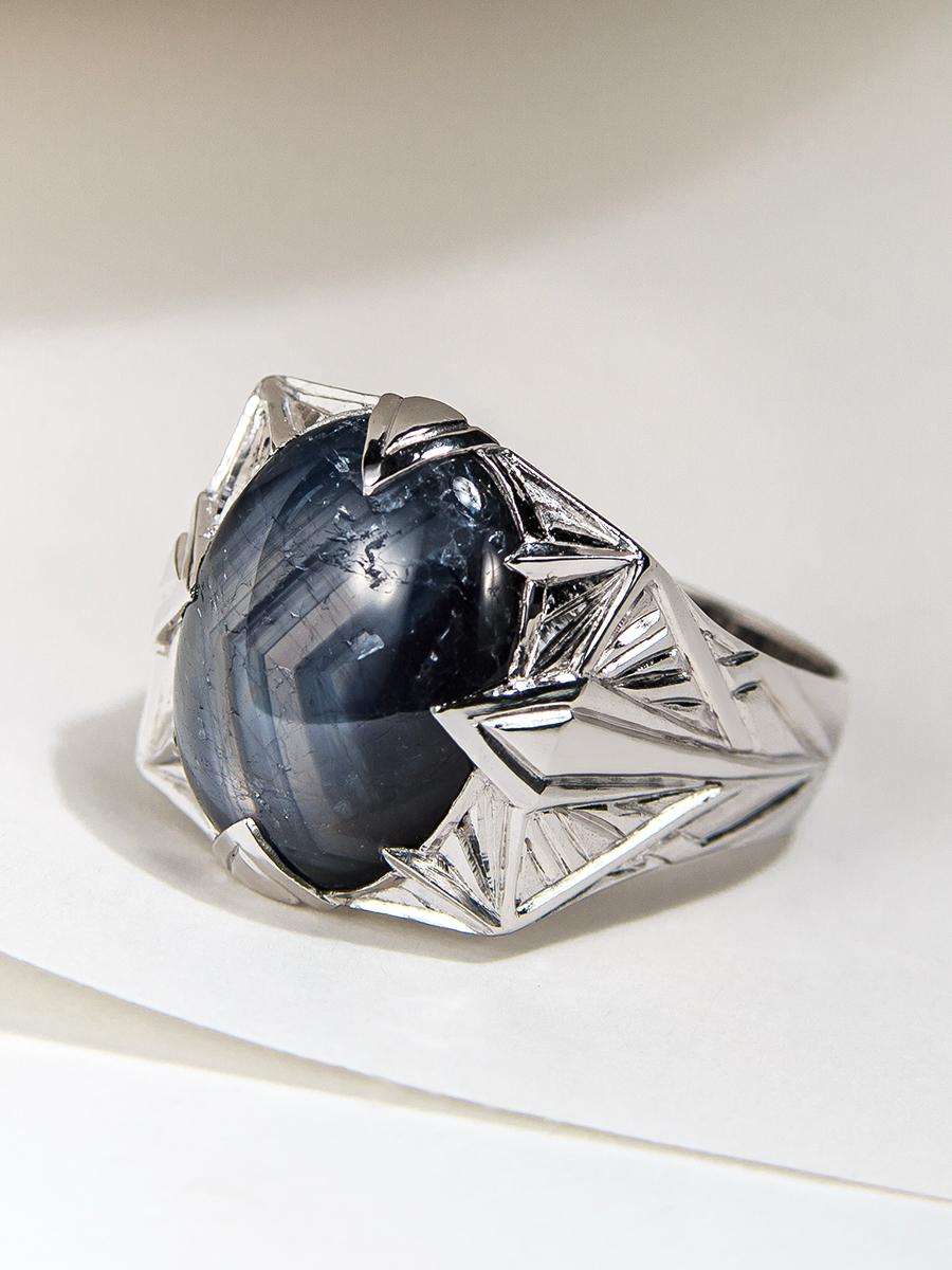 Large 14K white gold ring with natural Blue Sapphire cabochon
sapphire origin - Sri-Lanka
sapphire weight - 14.25 carats
stone measurements - 0.20 х 0.47 x 0.63 in / 5 х 12 х 16 mm
ring weight - 10.29 grams
size of the ring - 9 US


We ship our